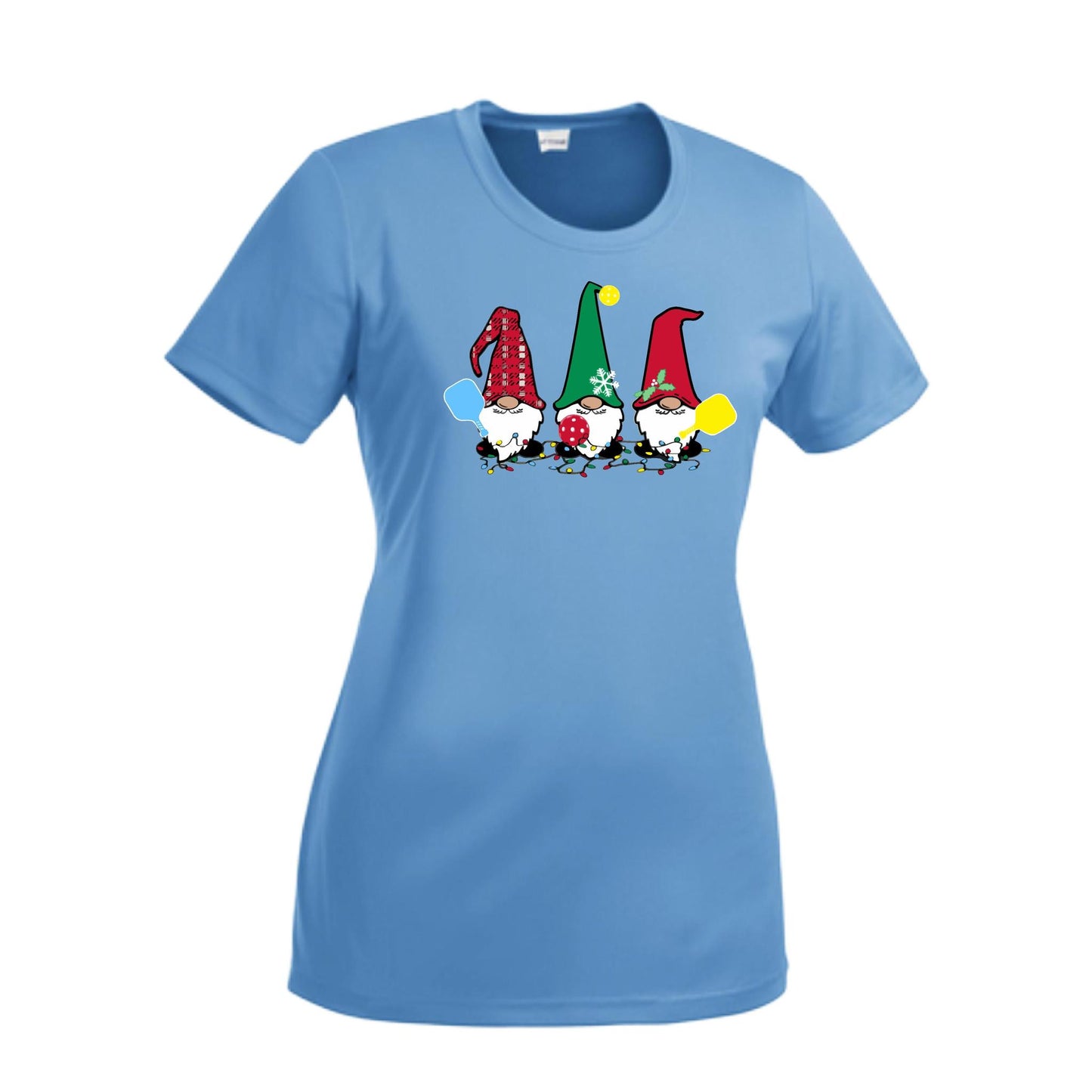 Christmas Gnomes | Women’s Short Sleeve Crewneck Pickleball Performance T-Shirts | 100% Polyester