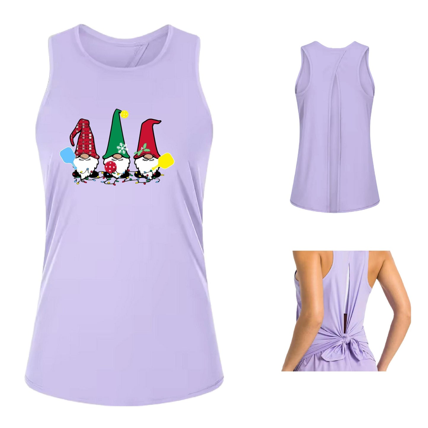 Christmas Gnomes | Women's Split Back or Tied Back Pickleball Performance Tank | 80/20 Nylon Spandex Mix