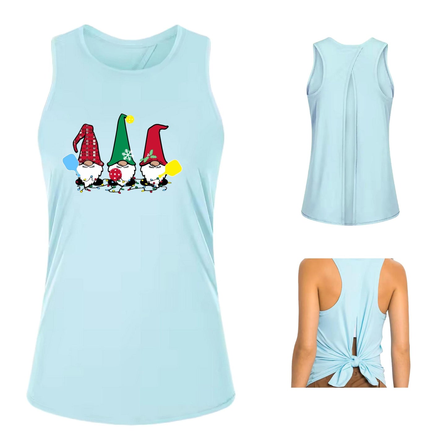 Christmas Gnomes | Women's Split Back or Tied Back Pickleball Performance Tank | 80/20 Nylon Spandex Mix