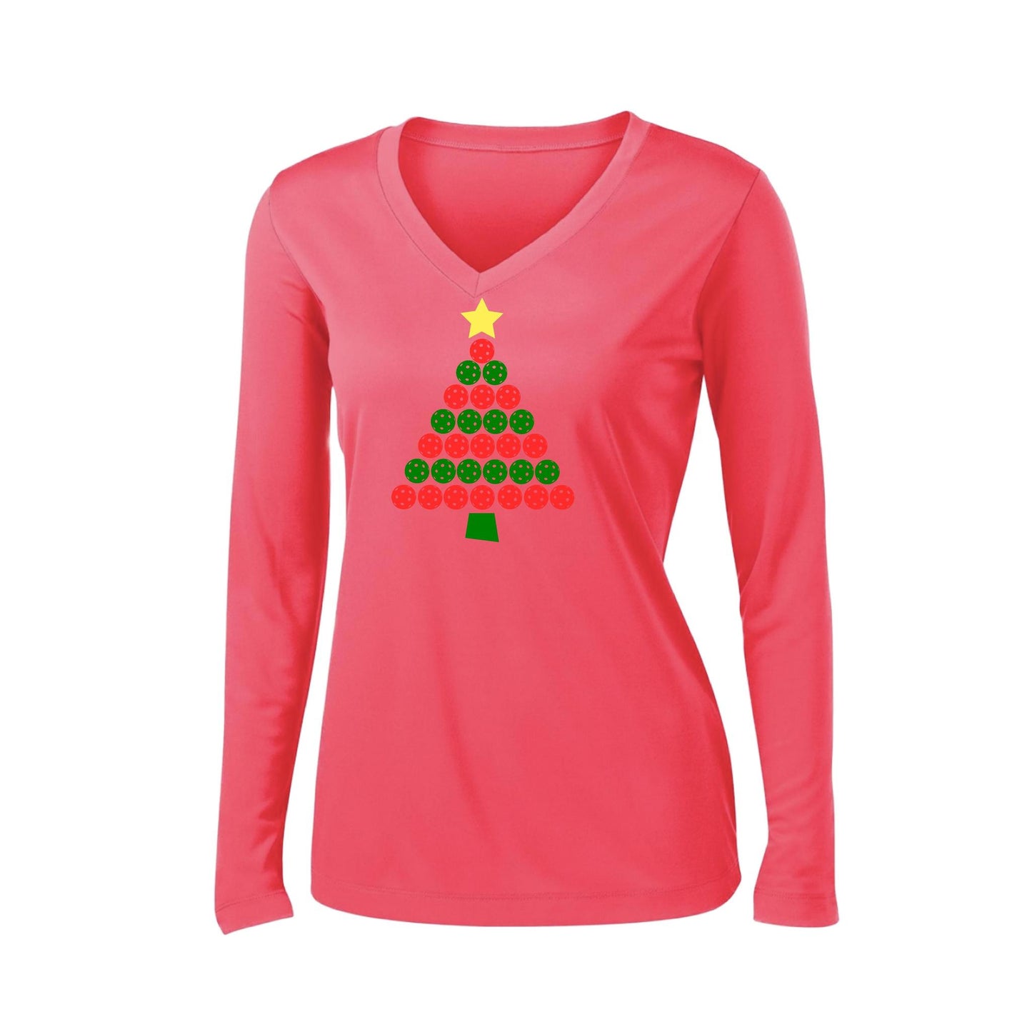 Christmas Tree | Women’s Long Sleeve V-Neck Performance T-Shirt | 100% Polyester