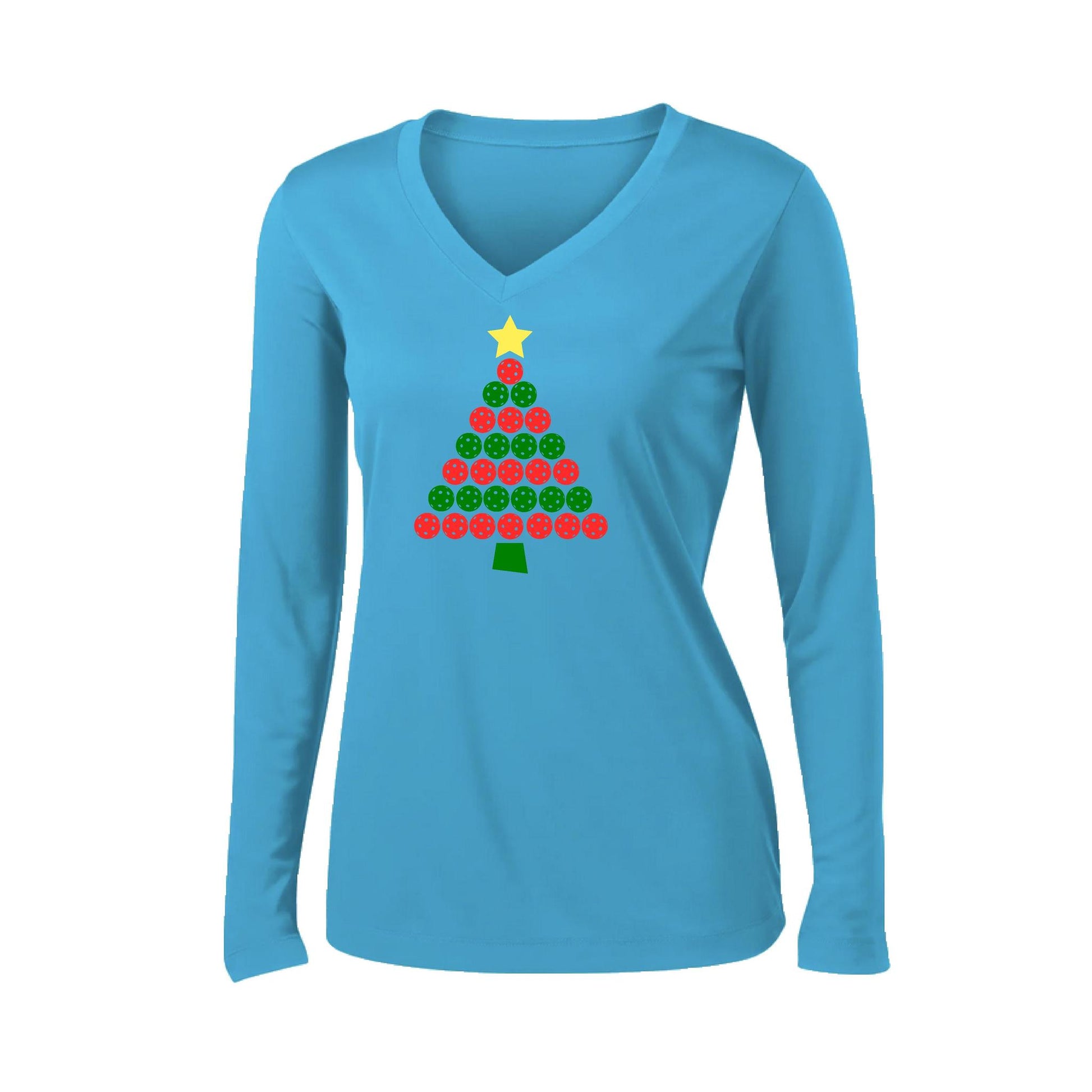 Christmas Tree | Women’s Long Sleeve V-Neck Performance T-Shirt | 100% Polyester