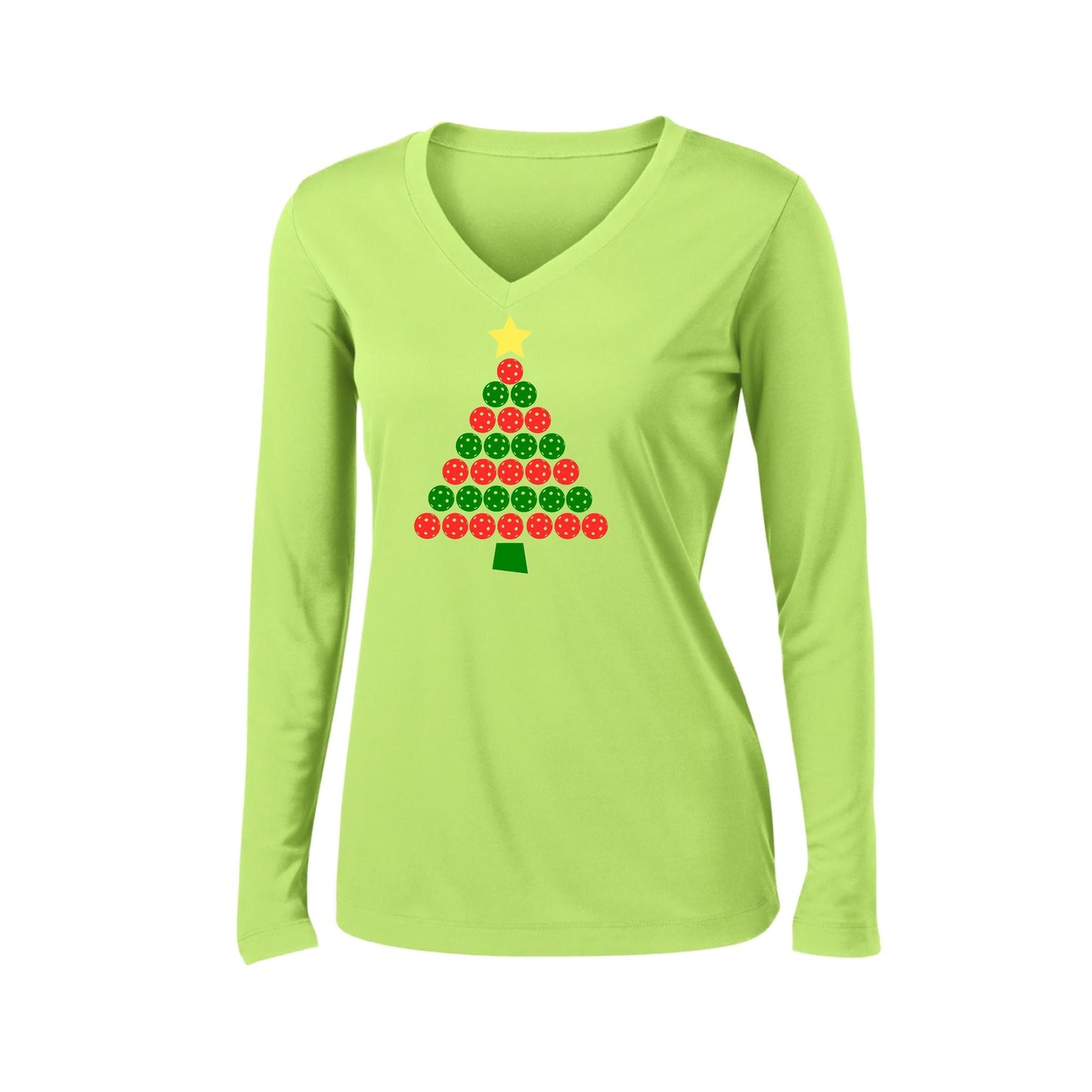 Christmas Tree | Women’s Long Sleeve V-Neck Performance T-Shirt | 100% Polyester