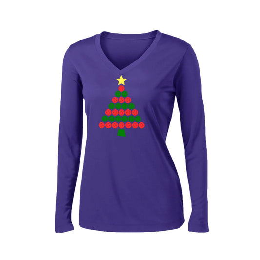 Christmas Tree | Women’s Long Sleeve V-Neck Performance T-Shirt | 100% Polyester