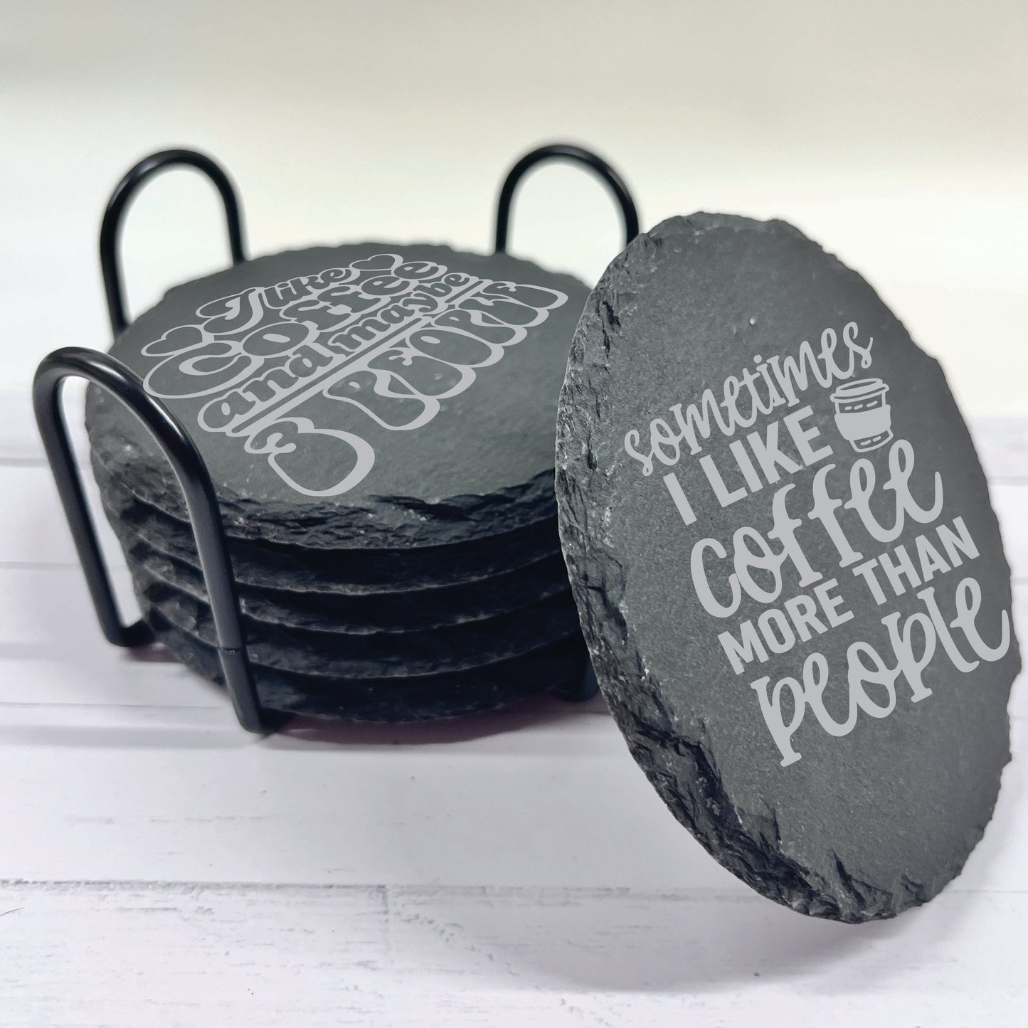 Coffee Lovers Slate Stone Coasters | Set of Six Round or Square & Metal Holder | Funny Coffee Sayings