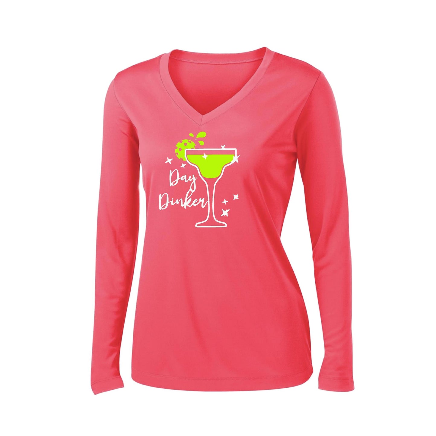 Day Dinker Pickleball Lime | Women’s Long Sleeve V-Neck Performance T-Shirt | 100% Polyester