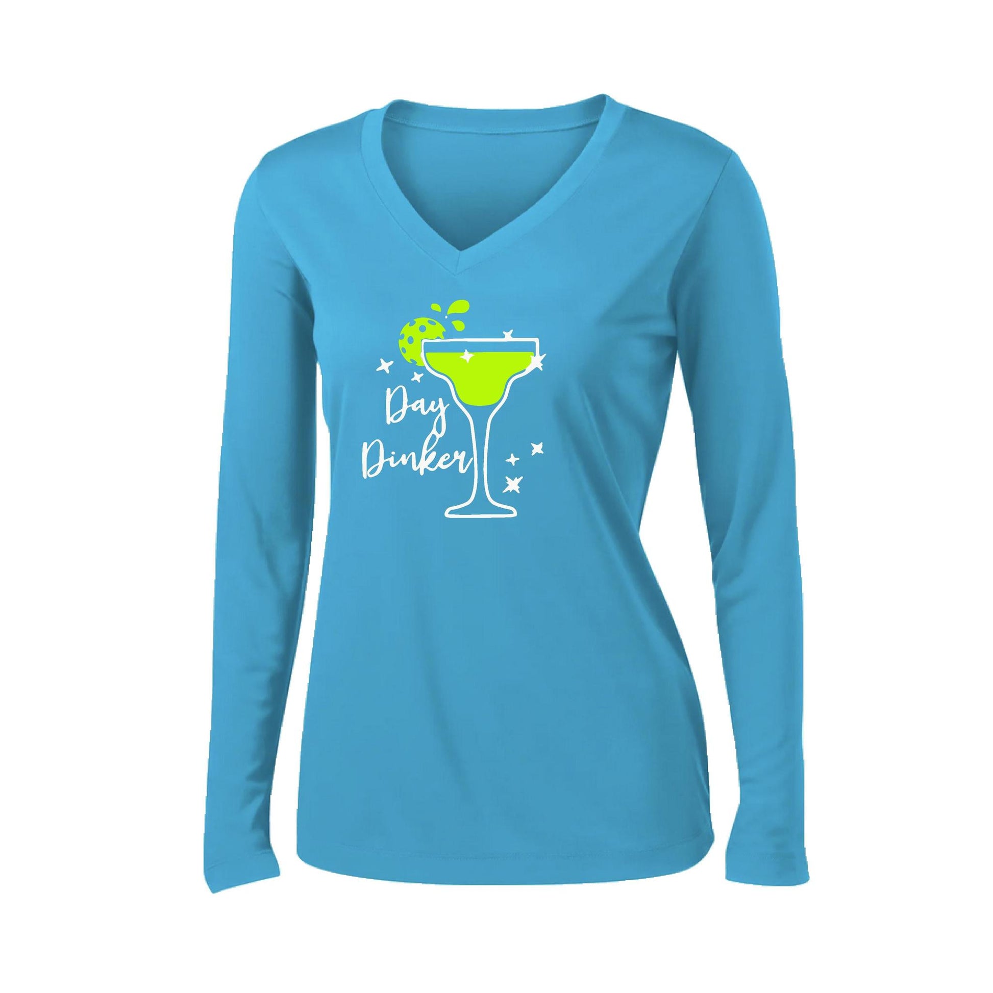 Day Dinker Pickleball Lime | Women’s Long Sleeve V-Neck Performance T-Shirt | 100% Polyester