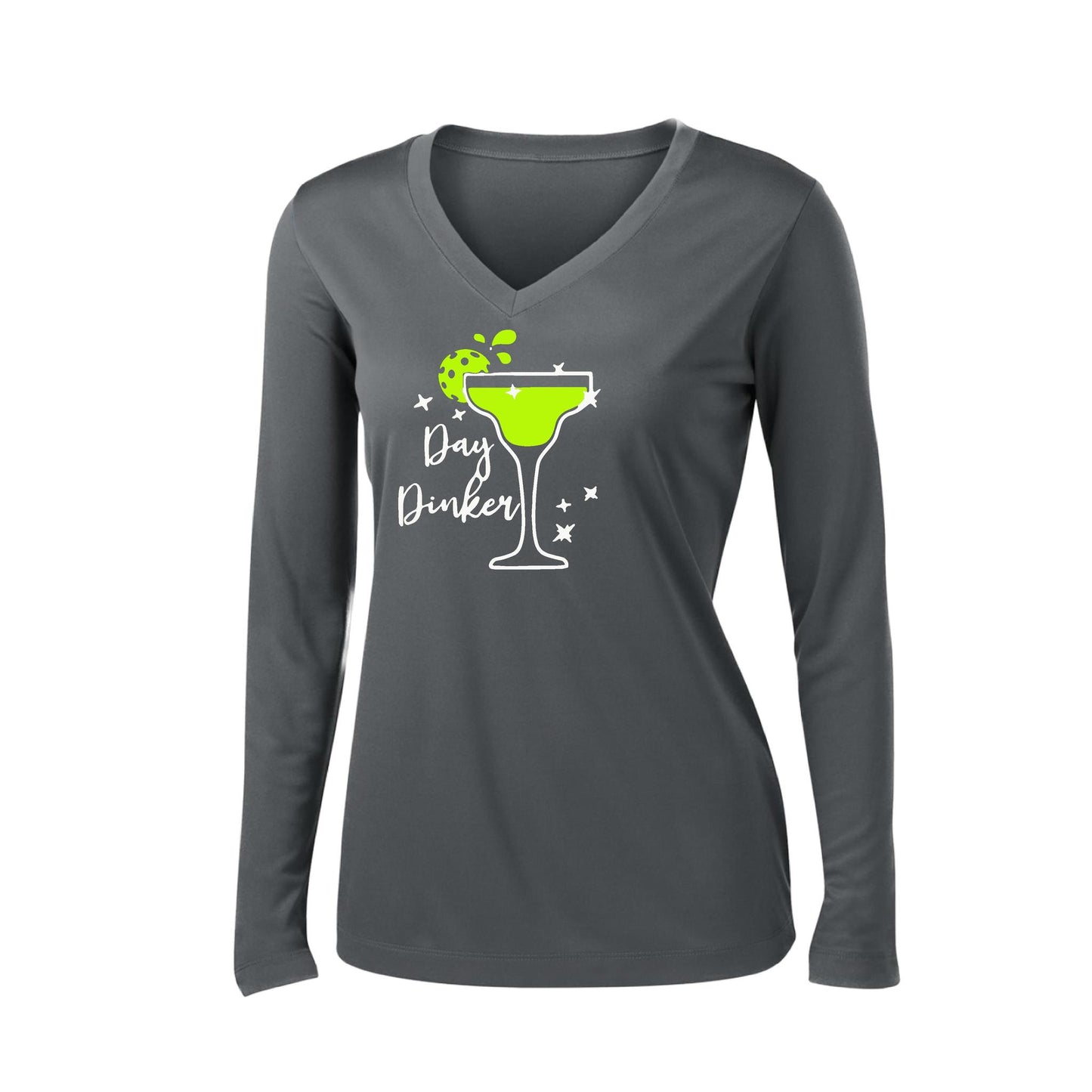 Day Dinker Pickleball Lime | Women’s Long Sleeve V-Neck Performance T-Shirt | 100% Polyester