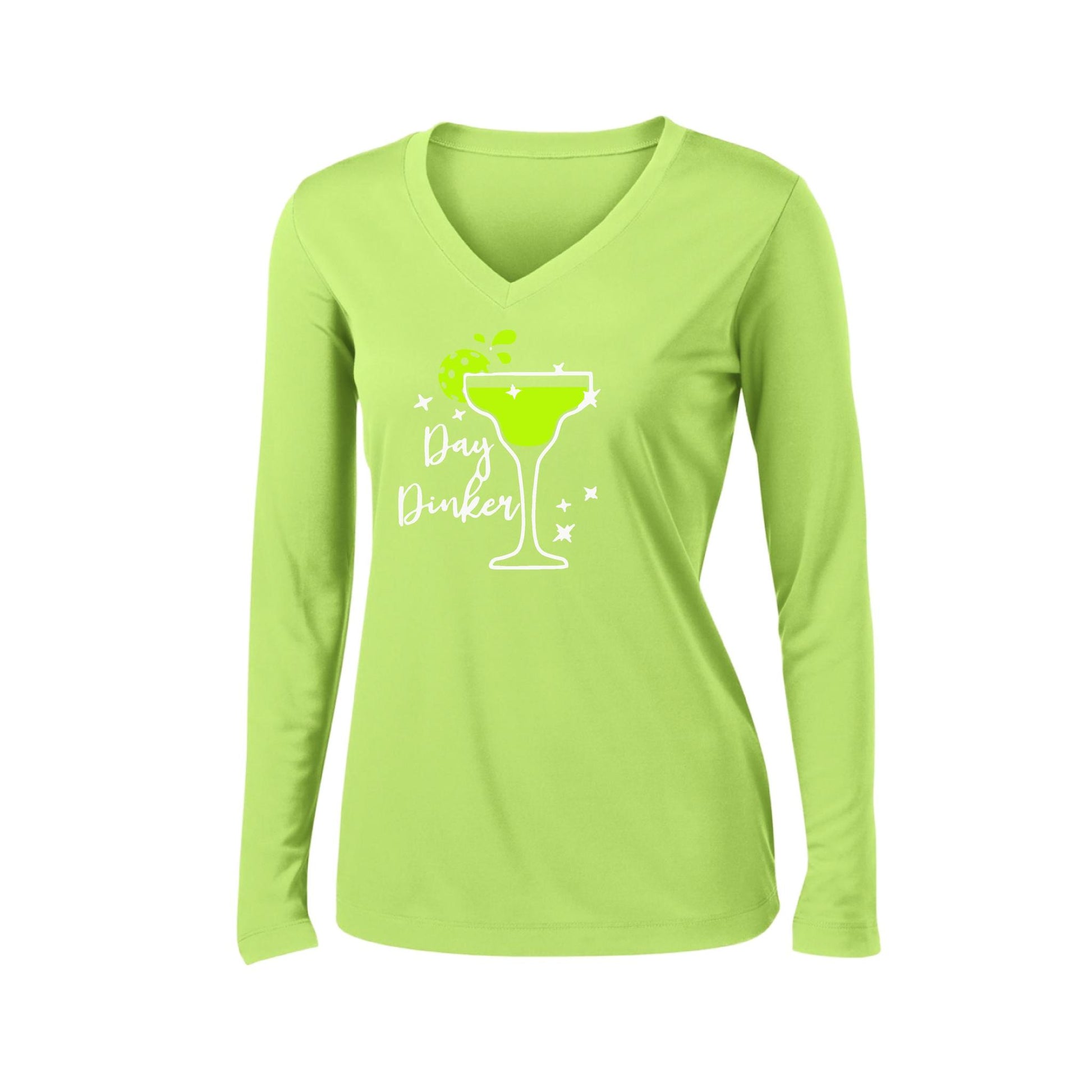 Day Dinker Pickleball Lime | Women’s Long Sleeve V-Neck Performance T-Shirt | 100% Polyester