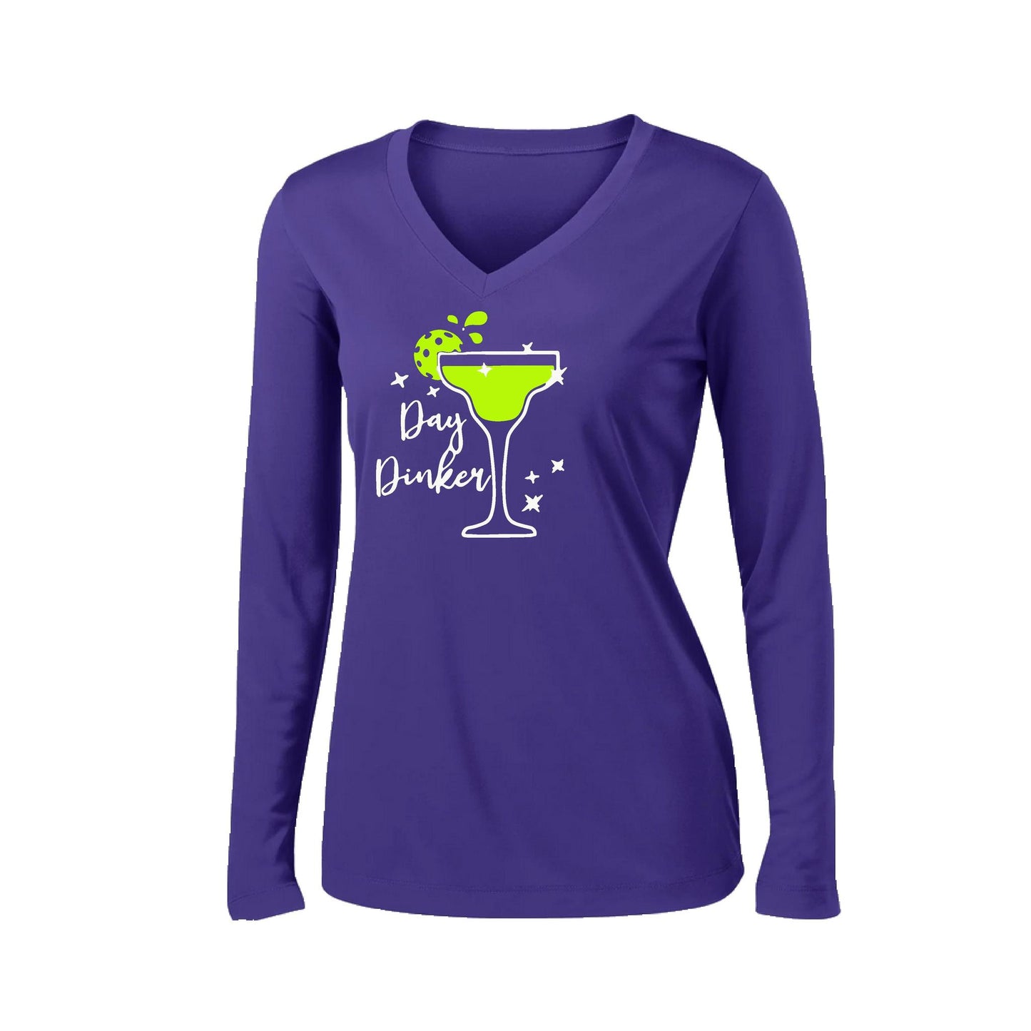 Day Dinker Pickleball Lime | Women’s Long Sleeve V-Neck Performance T-Shirt | 100% Polyester