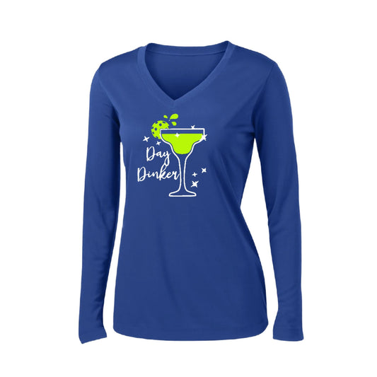 Day Dinker Pickleball Lime | Women’s Long Sleeve V-Neck Performance T-Shirt | 100% Polyester
