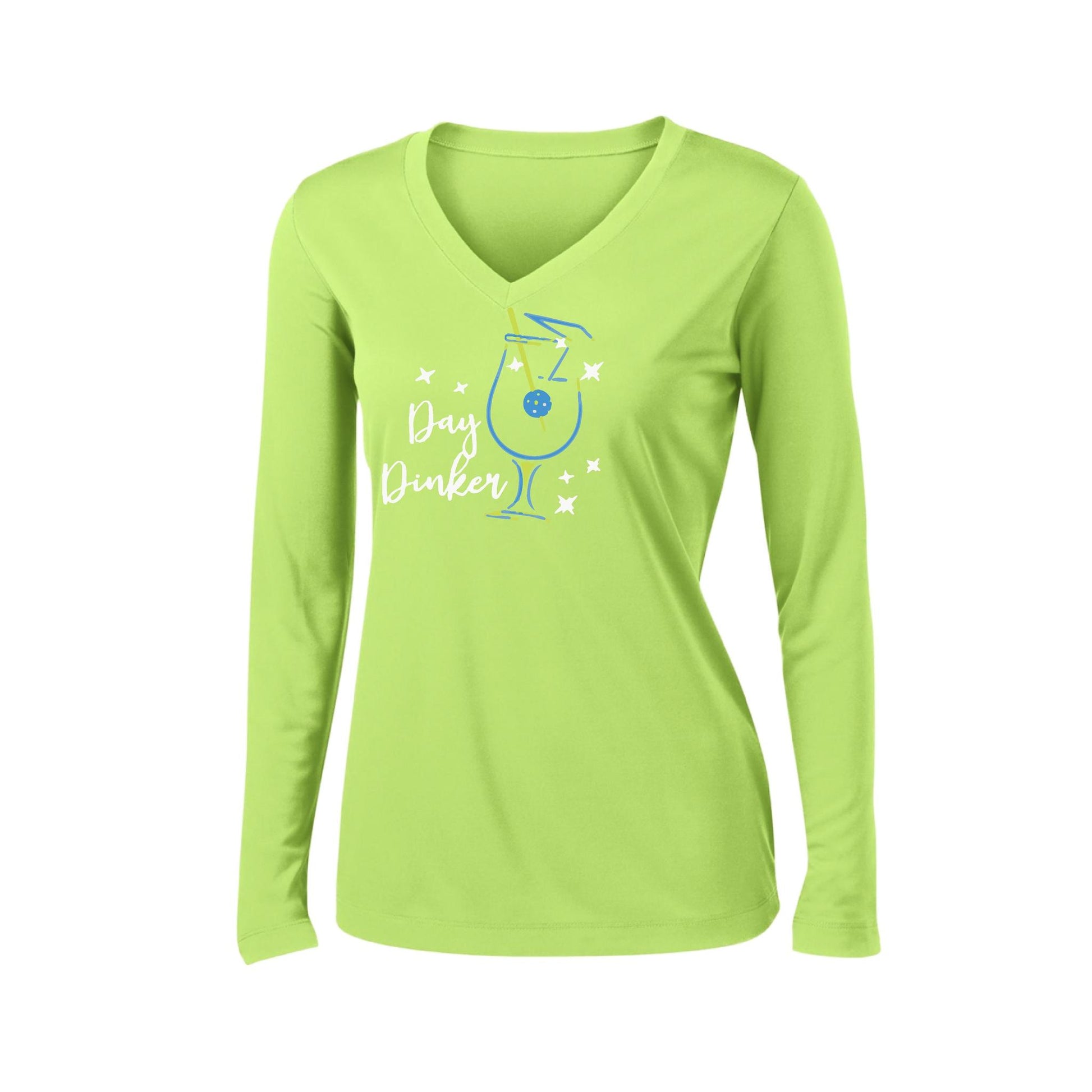 Day Dinker Pickleball Olive | Women’s Long Sleeve V-Neck Performance T-Shirt | 100% Polyester