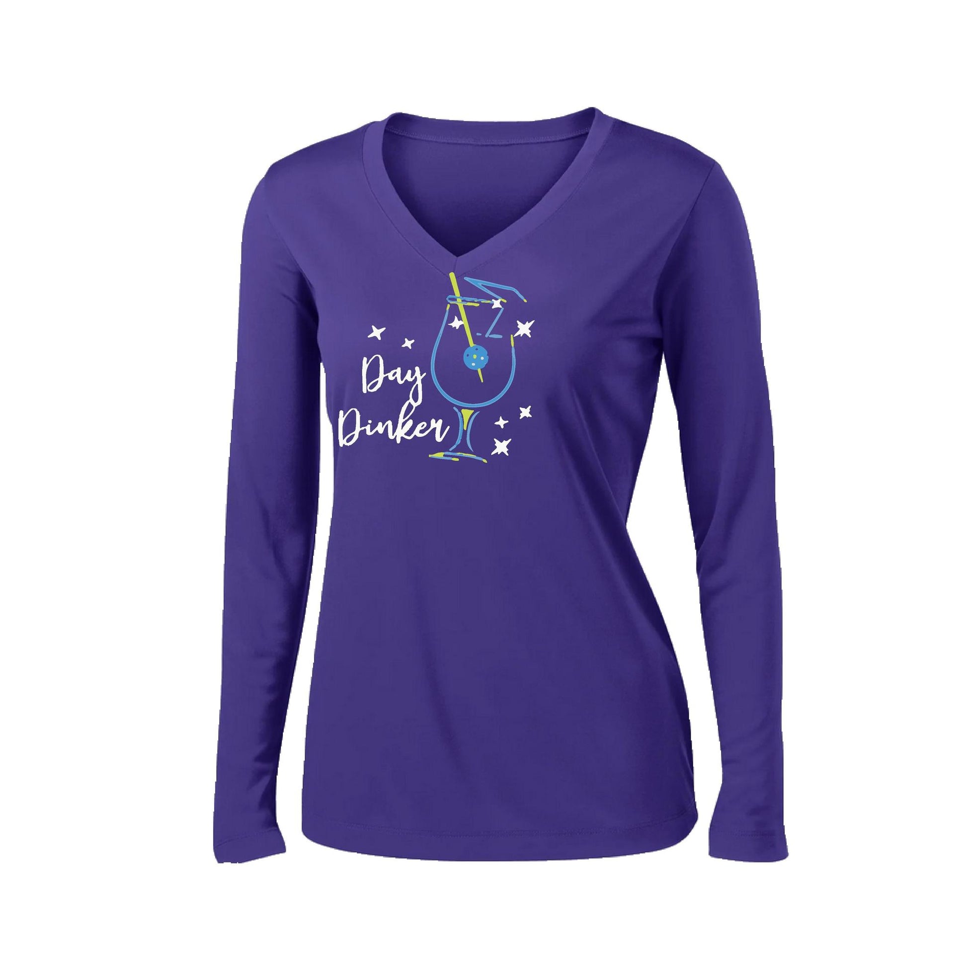 Day Dinker Pickleball Olive | Women’s Long Sleeve V-Neck Performance T-Shirt | 100% Polyester
