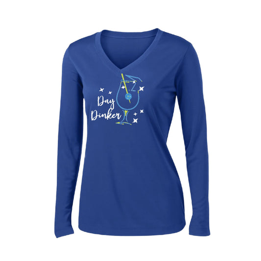 Day Dinker Pickleball Olive | Women’s Long Sleeve V-Neck Performance T-Shirt | 100% Polyester