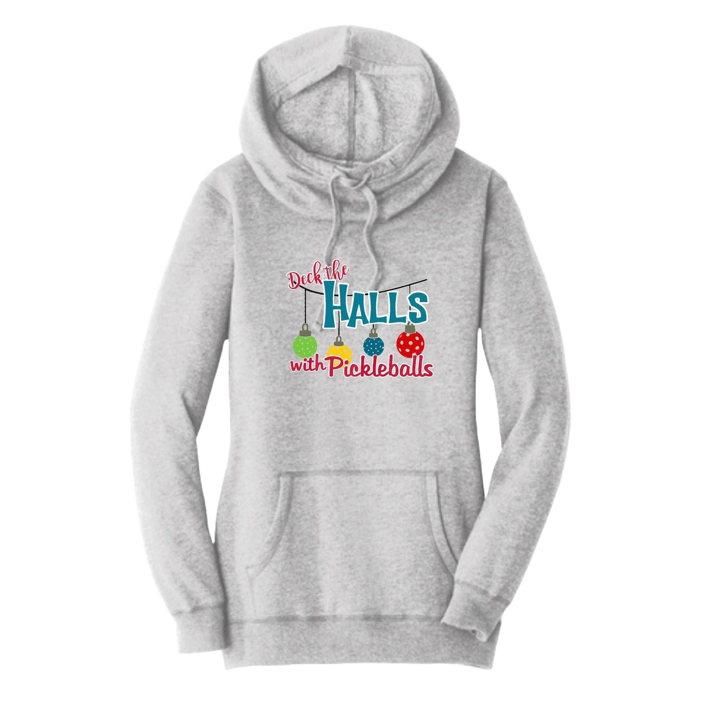 Deck The Halls With Pickleballs | Women’s Cowl-Neck Hoodie Pickleball Sweatshirt | 55% Cotton 45% Poly Fleece