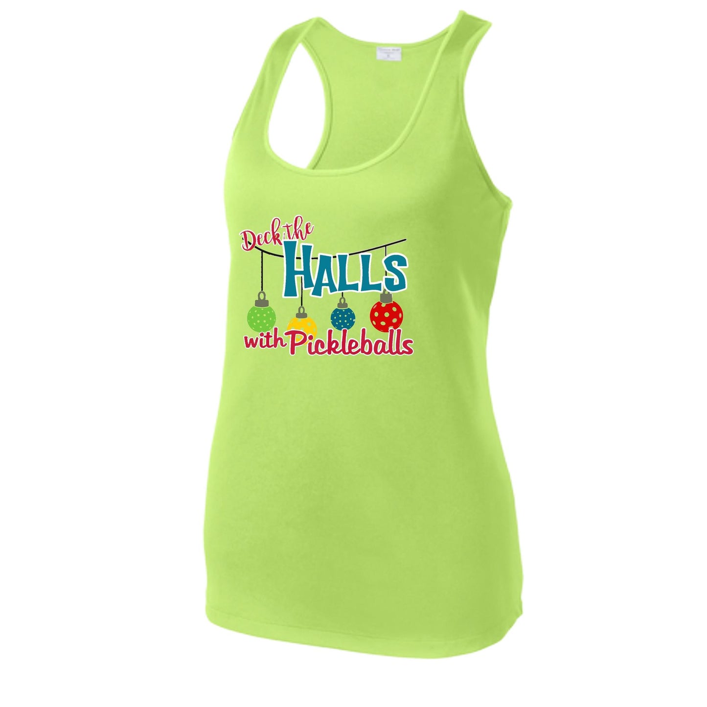 Deck the Halls with Pickleballs | Women's Racerback Pickleball Performance Tank | 100% Polyester