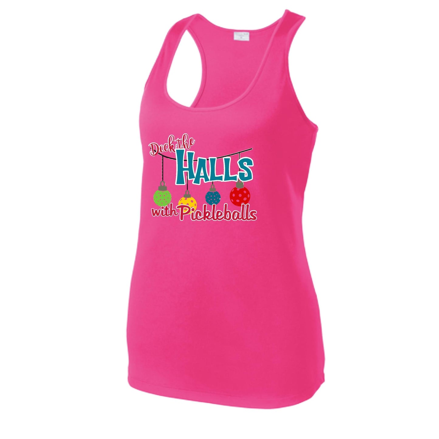 Deck the Halls with Pickleballs | Women's Racerback Pickleball Performance Tank | 100% Polyester