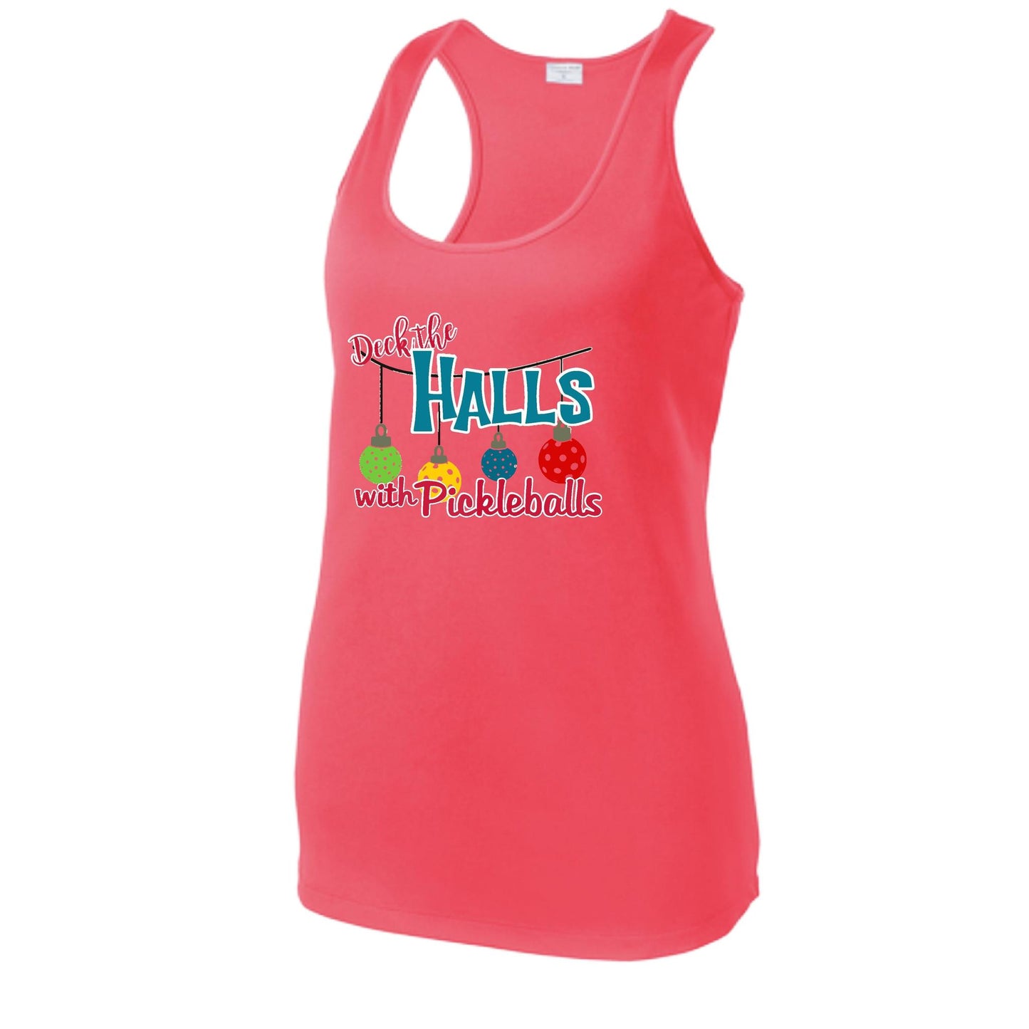 Deck the Halls with Pickleballs | Women's Racerback Pickleball Performance Tank | 100% Polyester