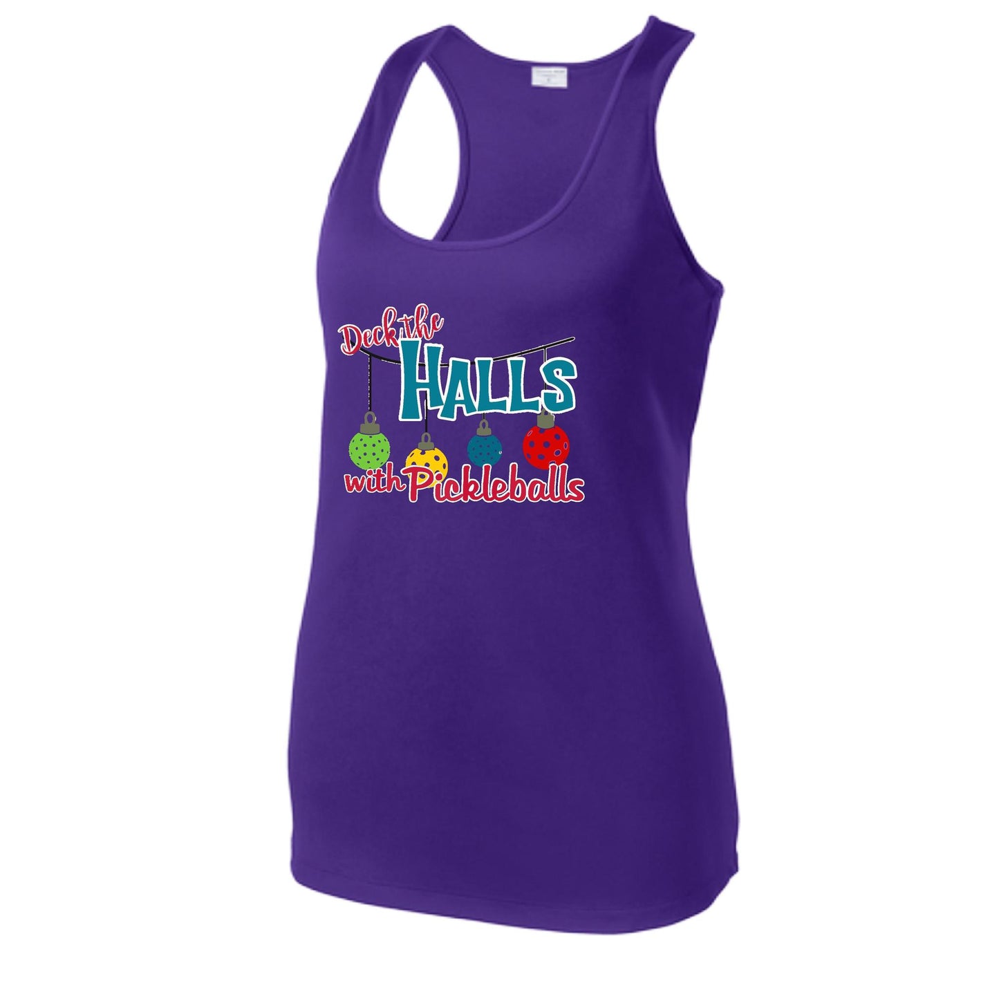 Deck the Halls with Pickleballs | Women's Racerback Pickleball Performance Tank | 100% Polyester