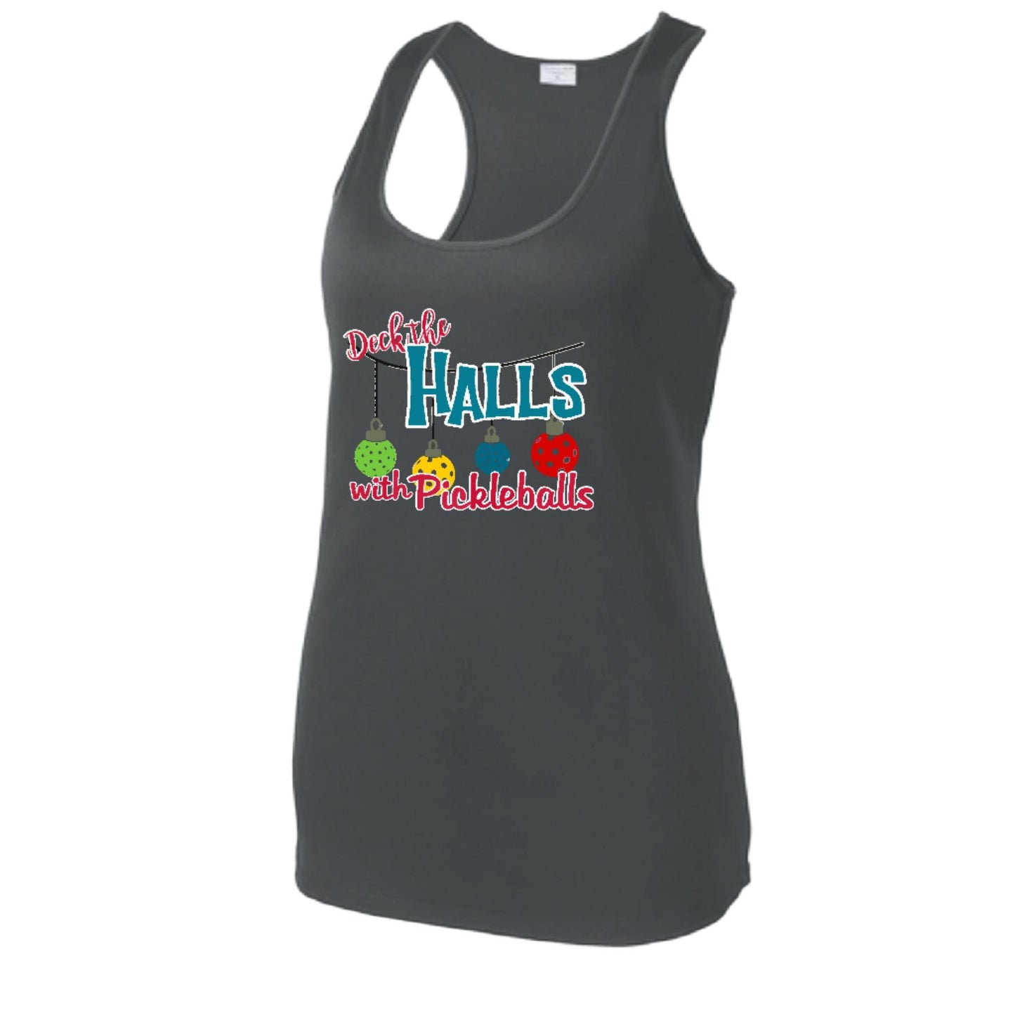 Deck the Halls with Pickleballs | Women's Racerback Pickleball Performance Tank | 100% Polyester