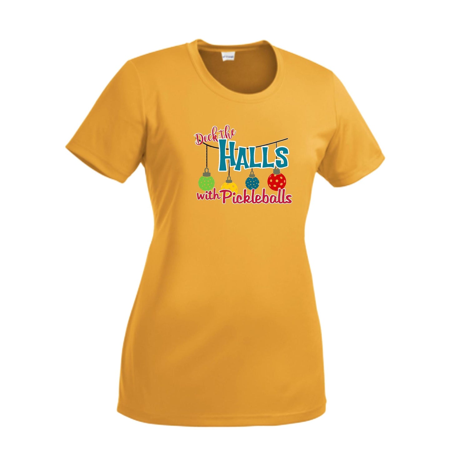 Deck the Halls with Pickleballs | Women’s Short Sleeve Crewneck Pickleball Performance T-Shirts | 100% Polyester