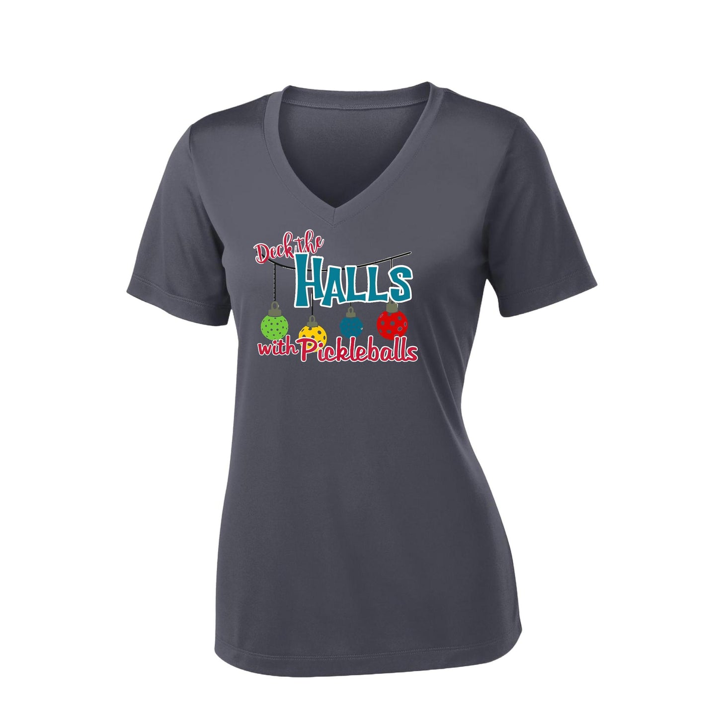 Deck the Halls with Pickleballs | Women's Short Sleeve V-Neck Pickleball Performance T-Shirts | 100% Polyester