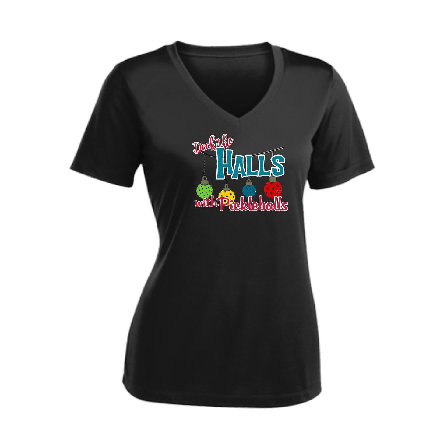 Deck the Halls with Pickleballs | Women's Short Sleeve V-Neck Pickleball Performance T-Shirts | 100% Polyester