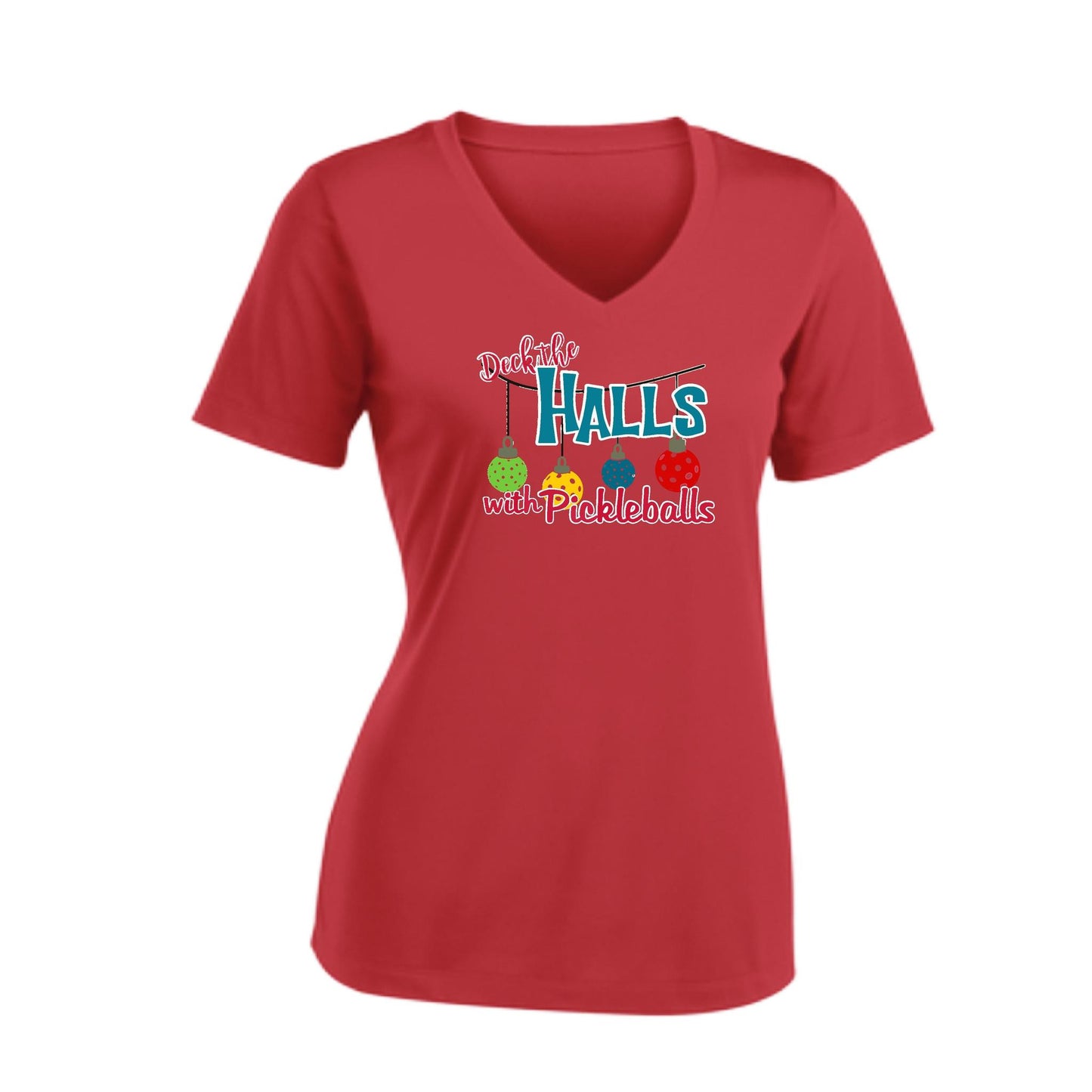Deck the Halls with Pickleballs | Women's Short Sleeve V-Neck Pickleball Performance T-Shirts | 100% Polyester