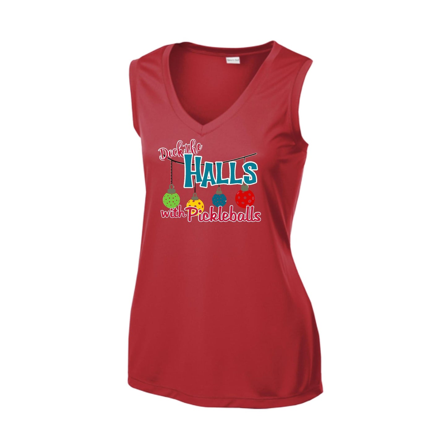 Deck the Halls with Pickleballs | Women’s Sleeveless Pickleball Performance T-Shirt | 100% Polyester