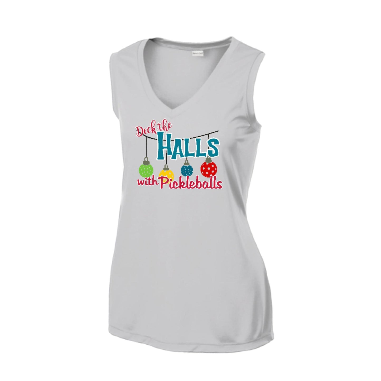Deck the Halls with Pickleballs | Women’s Sleeveless Pickleball Performance T-Shirt | 100% Polyester