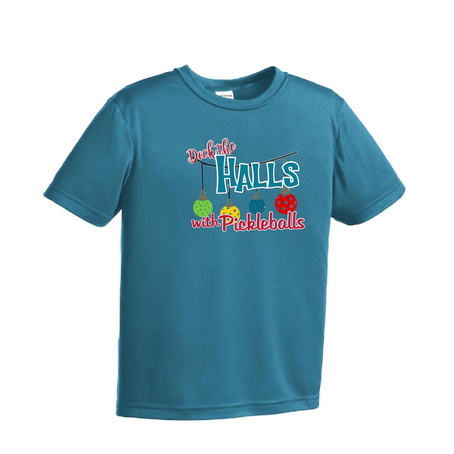 Deck the Halls with Pickleballs | Youth Short Sleeve Pickleball Performance T-Shirts | 100% Polyester