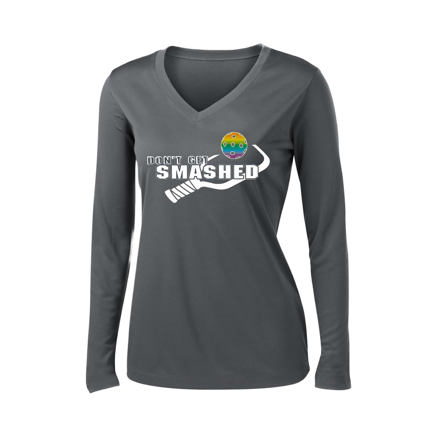 Don't Get Smashed Customizable (Colors Red Rainbow Green) | Women's Long Sleeve V-Neck Pickleball Performance T-Shirts | 100% Polyester