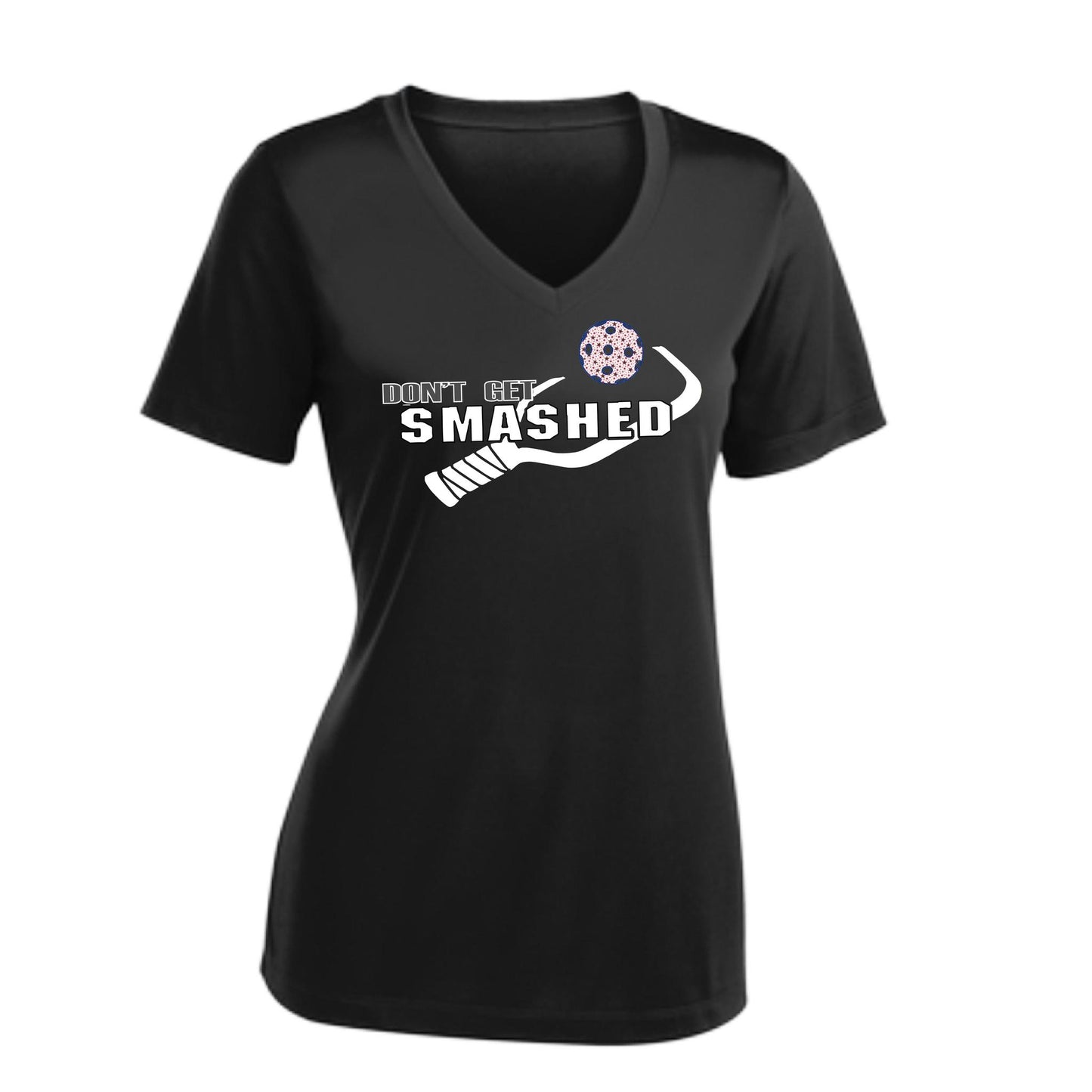 Don't Get Smashed Customizable Pickleballs (Patriotic Stars) | Women's Short Sleeve V-Neck Pickleball Performance T-Shirts | 100% Polyester