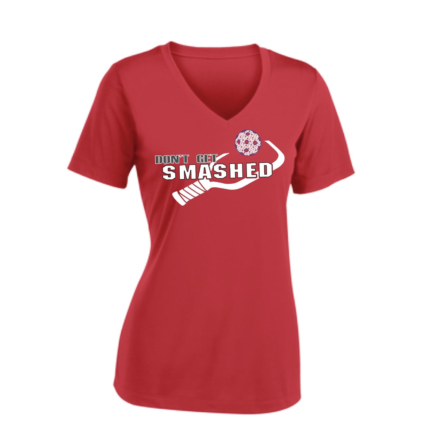 Don't Get Smashed Customizable Pickleballs (Patriotic Stars) | Women's Short Sleeve V-Neck Pickleball Performance T-Shirts | 100% Polyester