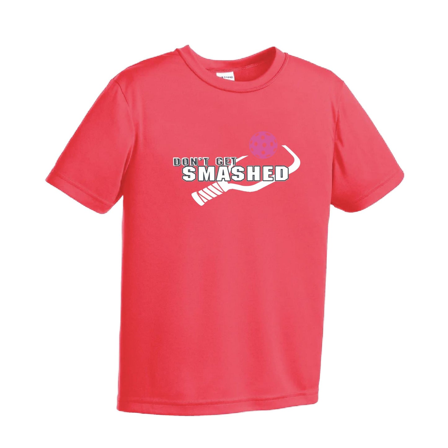 Don't Get Smashed (Cyan Orange Pink Pickleball Colors) | Youth Short Sleeve Pickleball Performance T-Shirts | 100% Polyester
