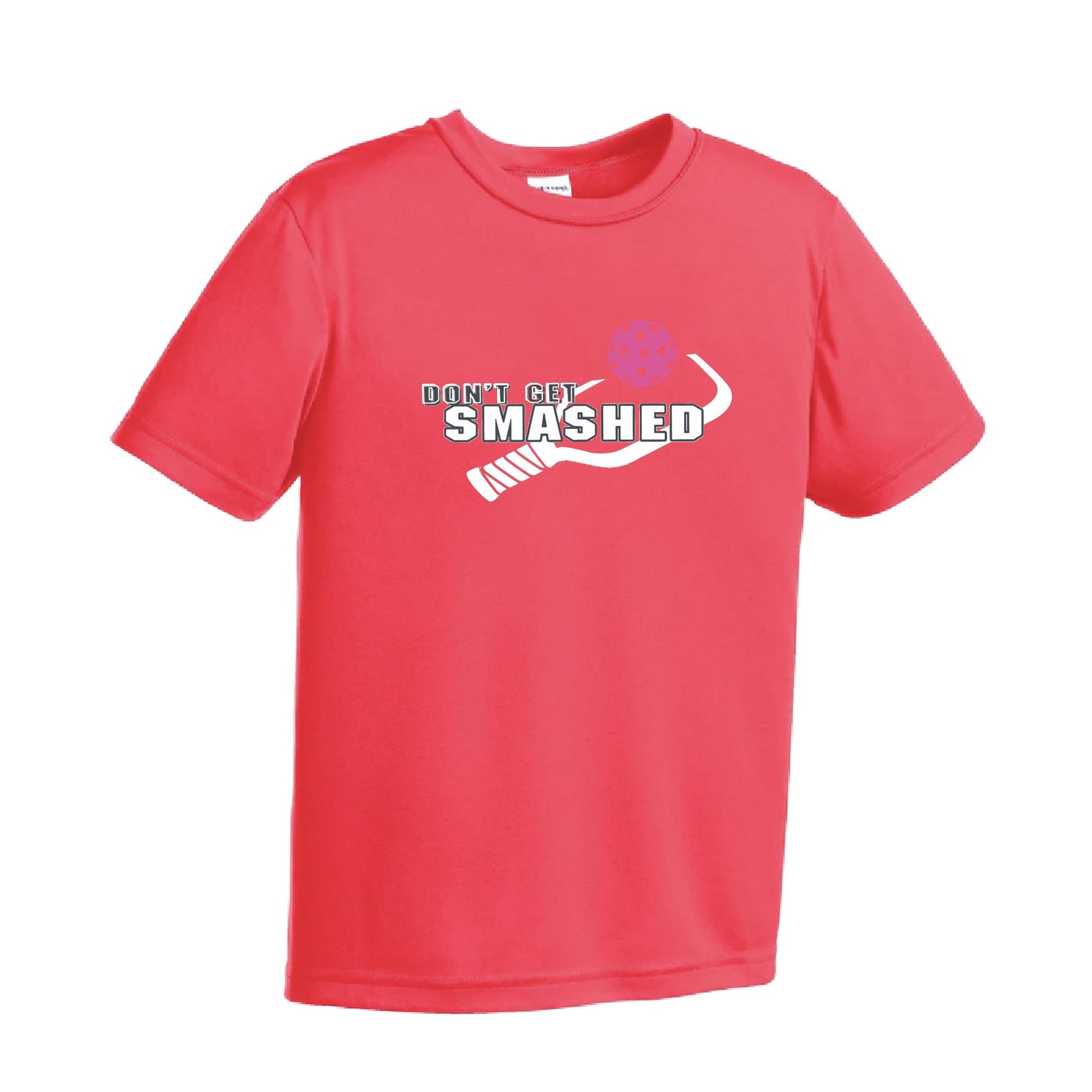 Don't Get Smashed (Cyan Orange Pink Pickleball Colors) | Youth Short Sleeve Pickleball Performance T-Shirts | 100% Polyester