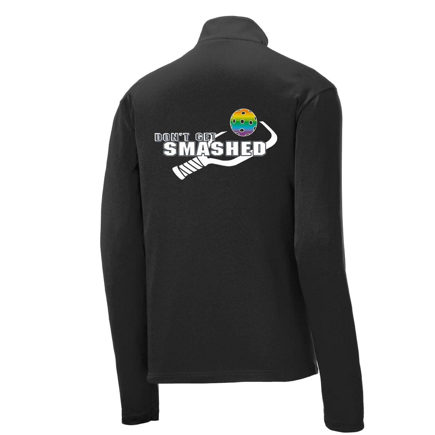 Don't Get Smashed (Pickleball Colors Cyan Orange Pink Rainbow) | Men's 1/4 Zip Long Sleeve Pullover Athletic Performance Shirt | 100% Polyester