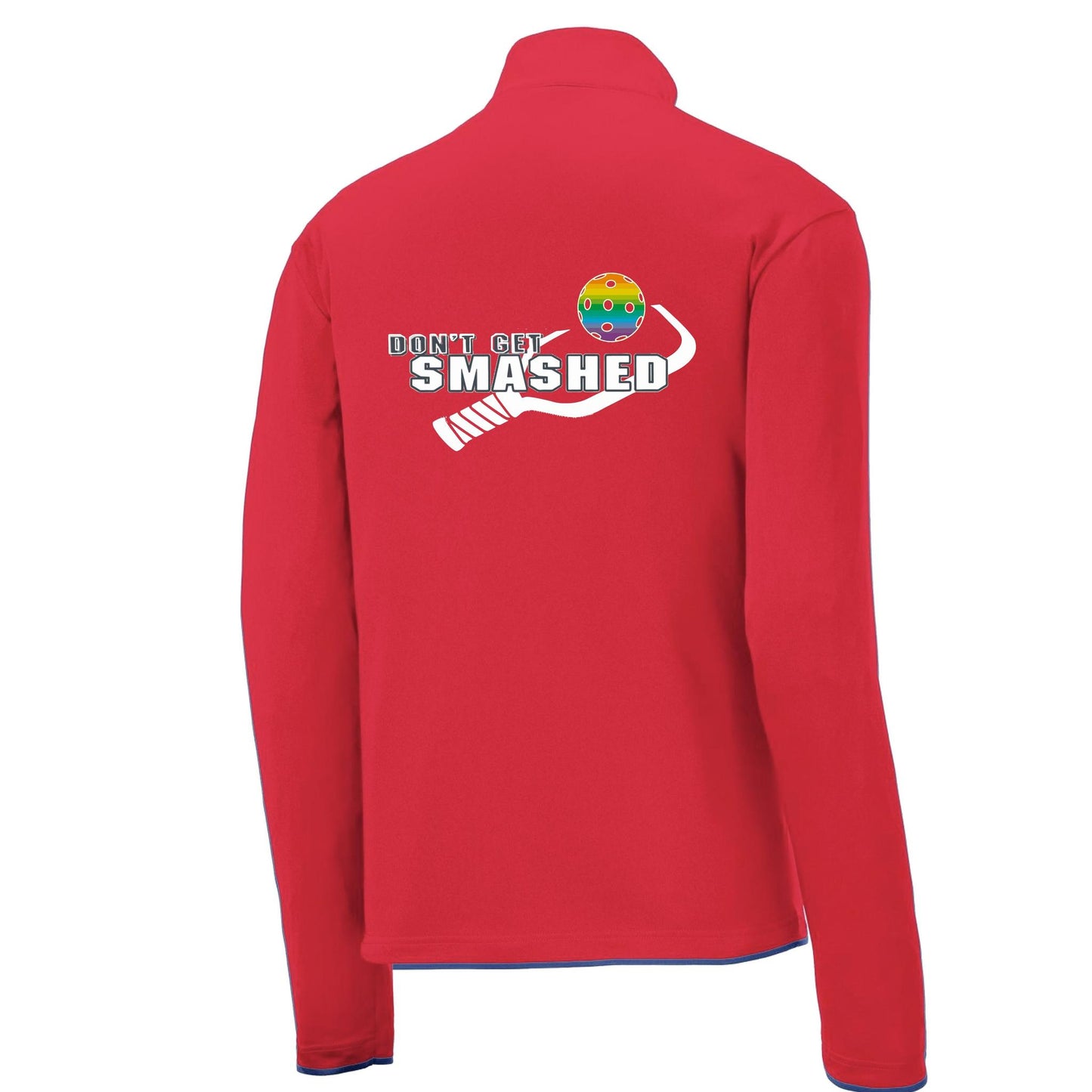 Don't Get Smashed (Pickleball Colors Cyan Orange Pink Rainbow) | Men's 1/4 Zip Long Sleeve Pullover Athletic Performance Shirt | 100% Polyester