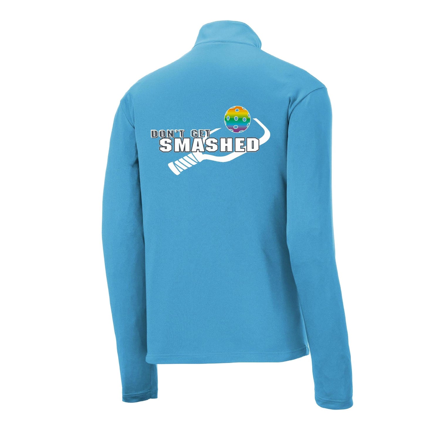 Don't Get Smashed (Pickleball Colors Cyan Orange Pink Rainbow) | Men's 1/4 Zip Long Sleeve Pullover Athletic Performance Shirt | 100% Polyester