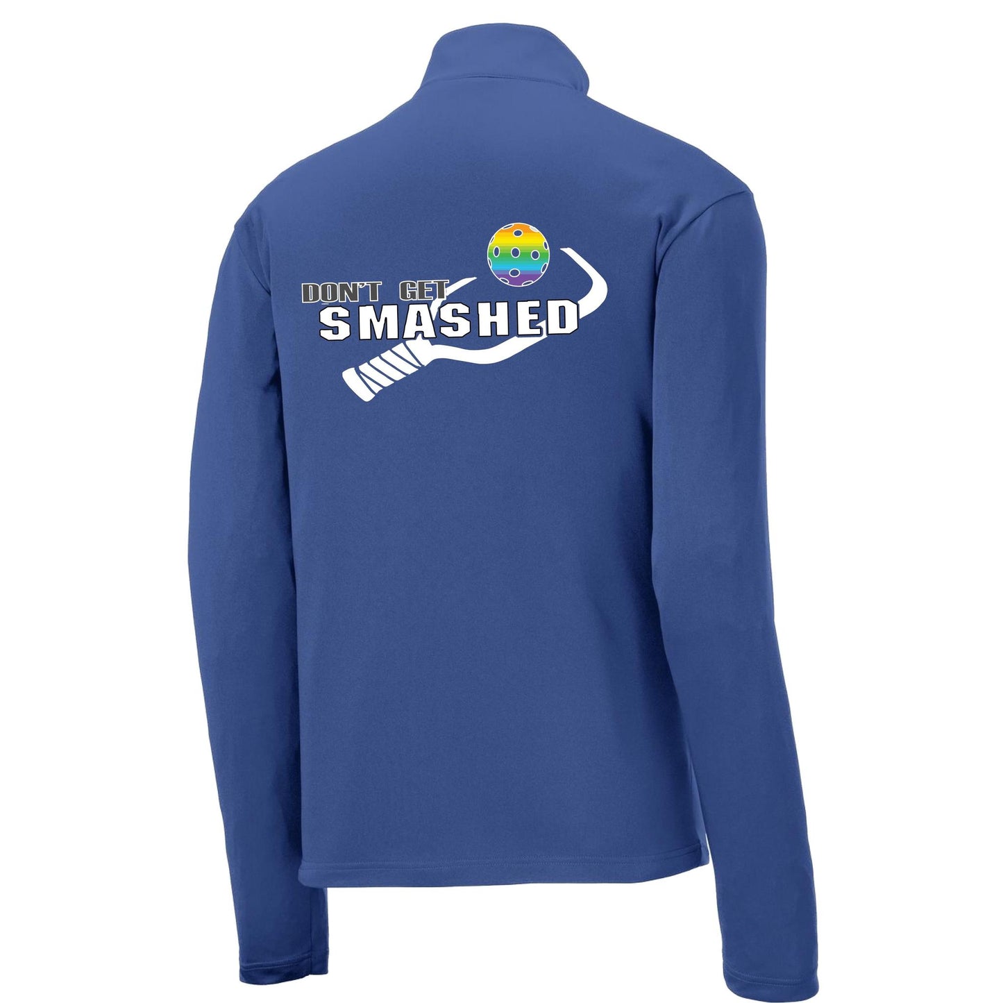 Don't Get Smashed (Pickleball Colors Cyan Orange Pink Rainbow) | Men's 1/4 Zip Long Sleeve Pullover Athletic Performance Shirt | 100% Polyester