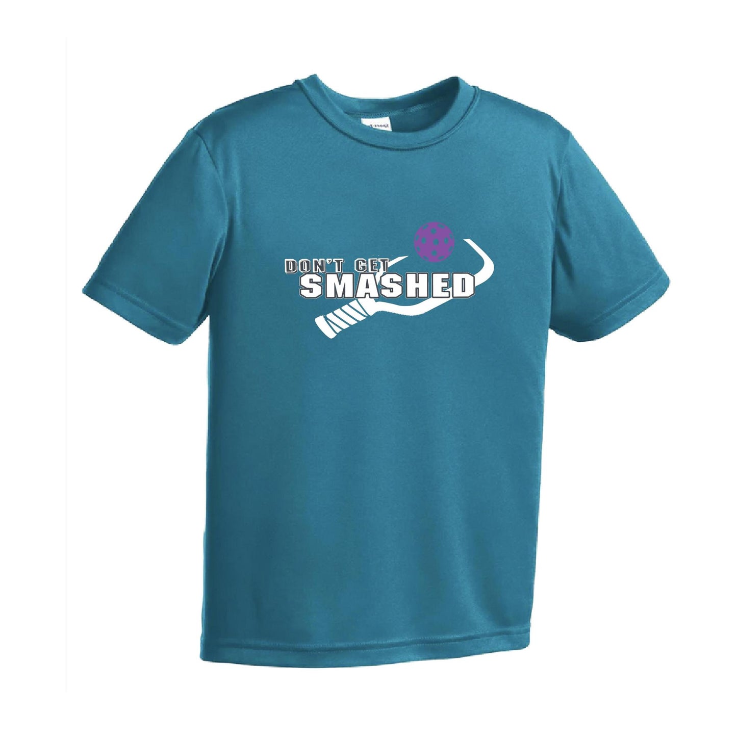 Don't Get Smashed (Purple White Yellow Pickleball Colors) | Youth Short Sleeve Pickleball Performance T-Shirts | 100% Polyester