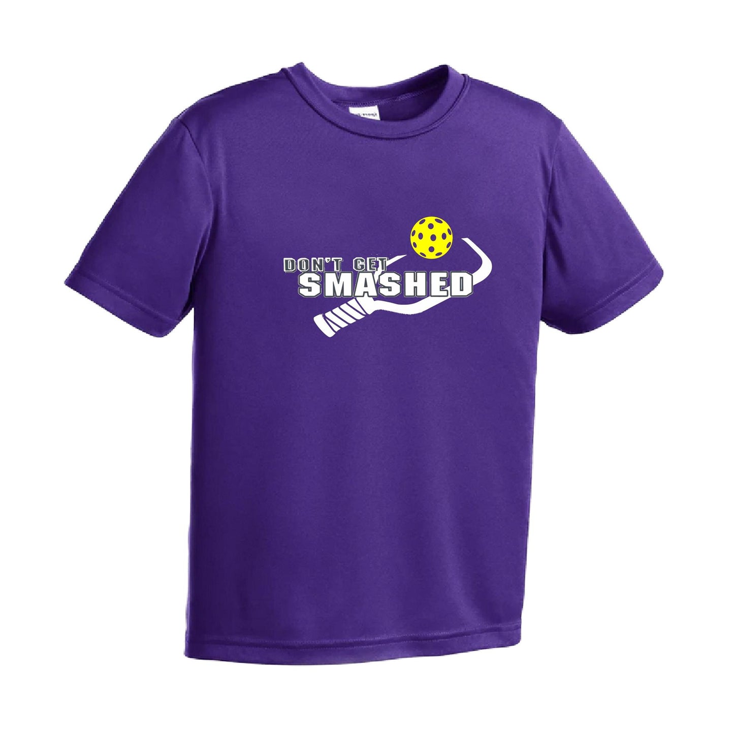 Don't Get Smashed (Purple White Yellow Pickleball Colors) | Youth Short Sleeve Pickleball Performance T-Shirts | 100% Polyester