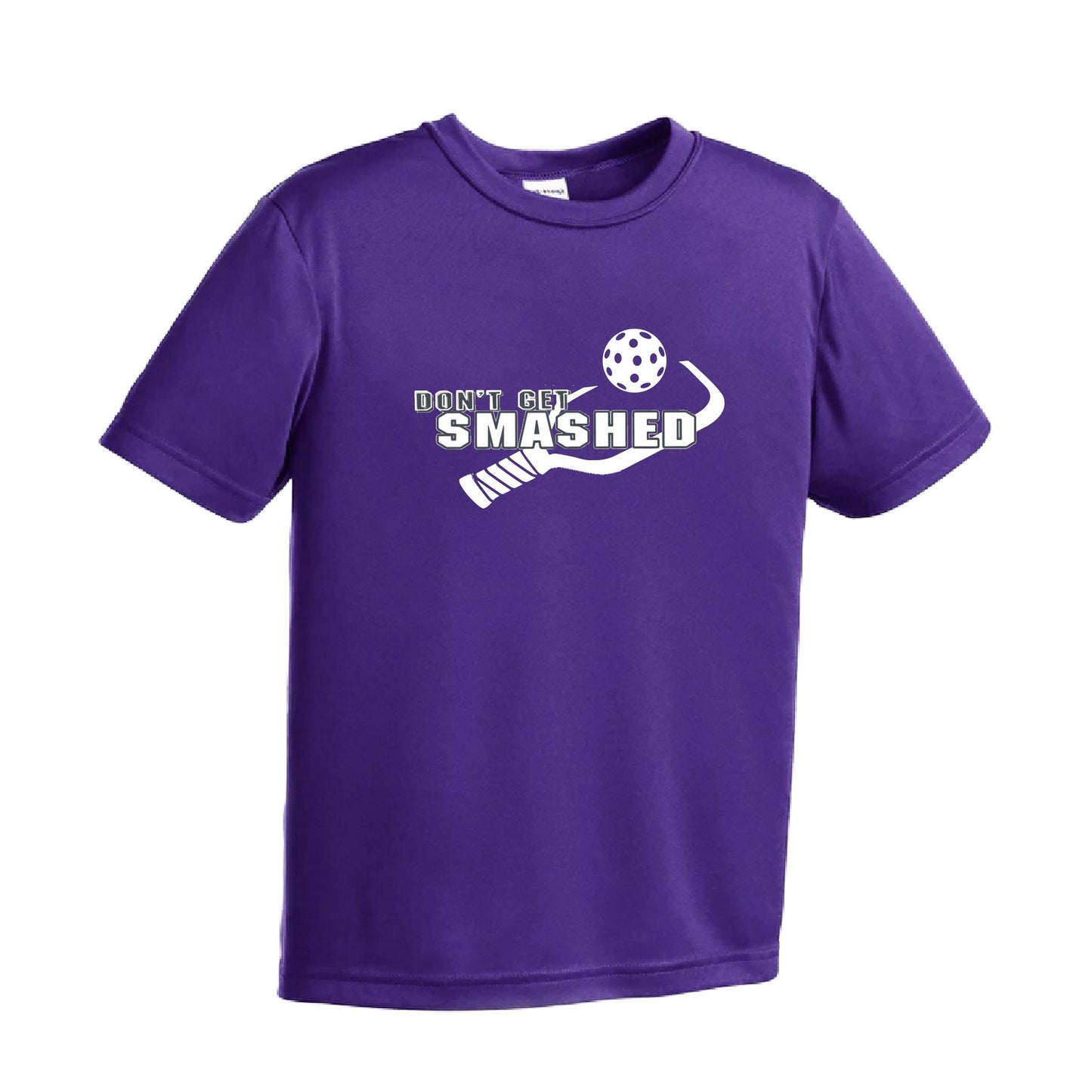 Don't Get Smashed (Purple White Yellow Pickleball Colors) | Youth Short Sleeve Pickleball Performance T-Shirts | 100% Polyester