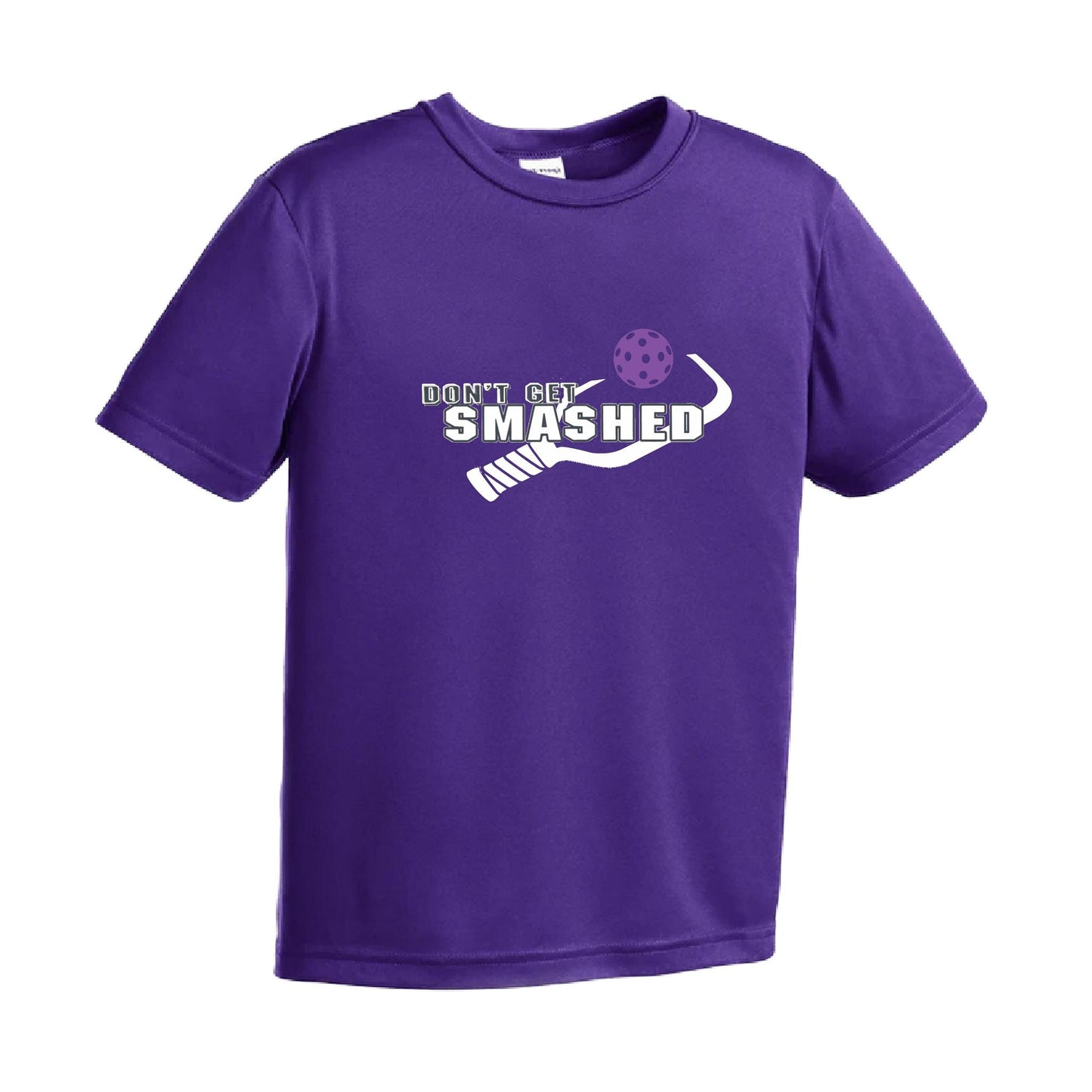 Don't Get Smashed (Purple White Yellow Pickleball Colors) | Youth Short Sleeve Pickleball Performance T-Shirts | 100% Polyester