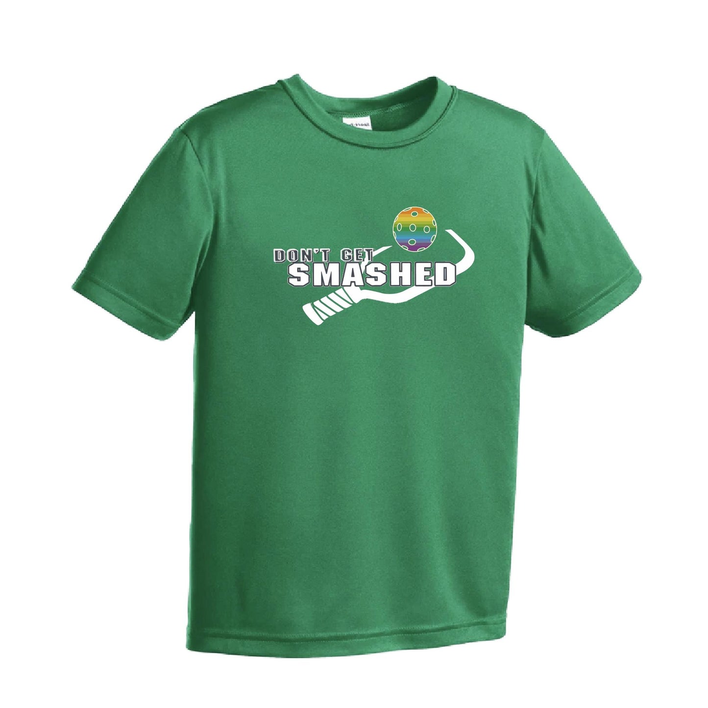 Don't Get Smashed (Red Green Rainbow Pickleball Colors) | Youth Short Sleeve Pickleball Performance T-Shirts | 100% Polyester