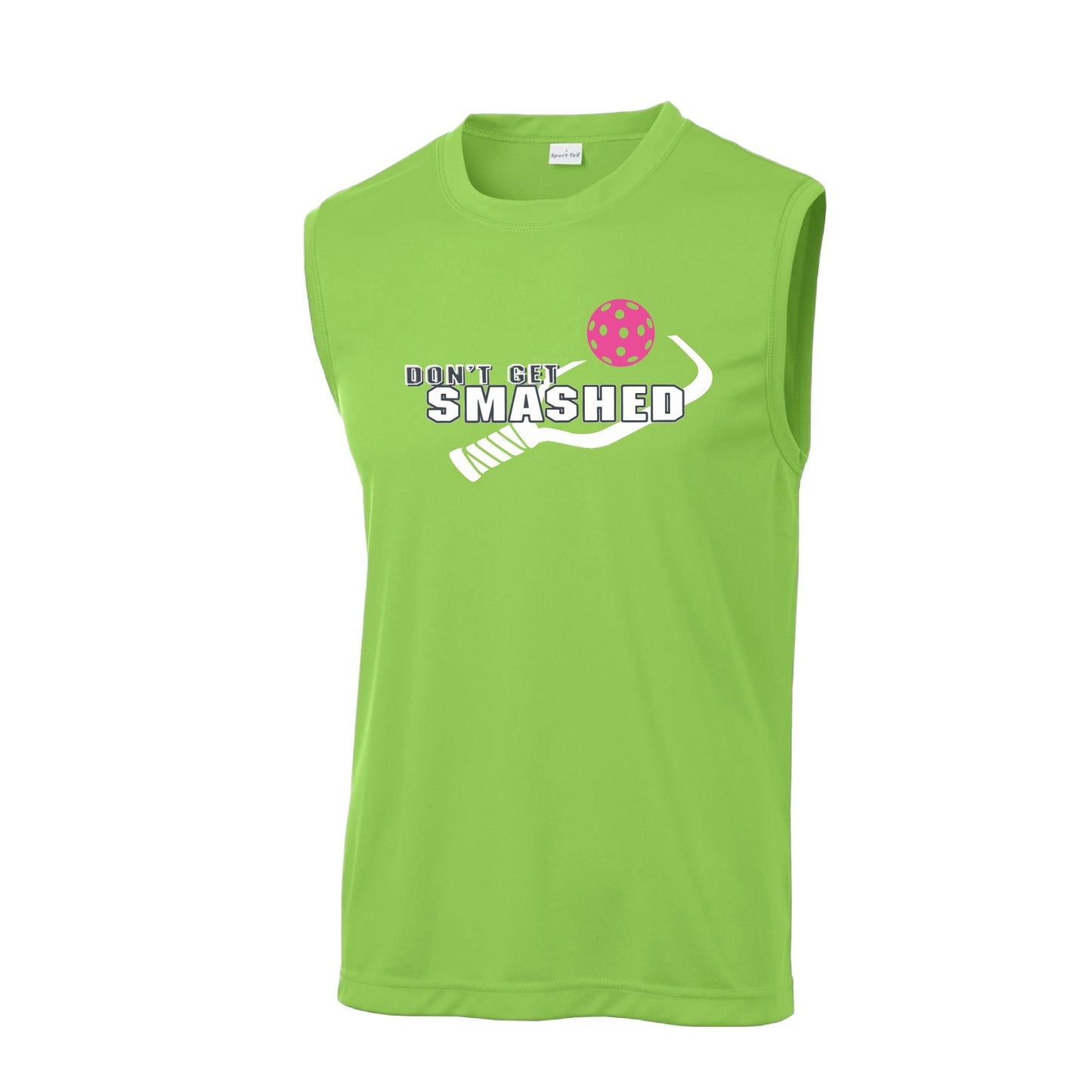 Don't Get Smashed With Pickleballs (Cyan Green Orange Pink Stars) Customizable | Men's Sleeveless Pickleball Performance T-Shirt | 100% Polyester