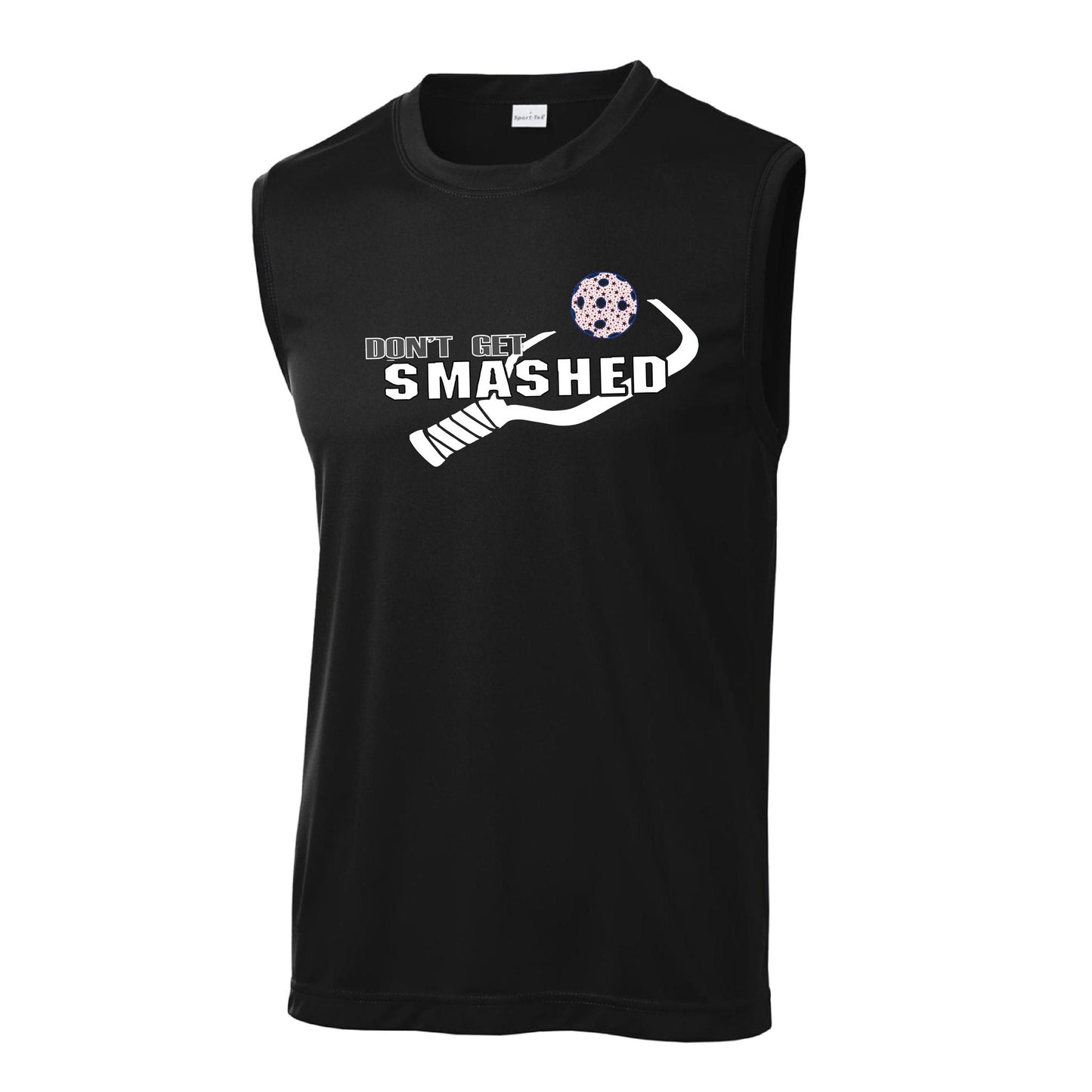 Don't Get Smashed With Pickleballs (Cyan Green Orange Pink Stars) Customizable | Men's Sleeveless Pickleball Performance T-Shirt | 100% Polyester