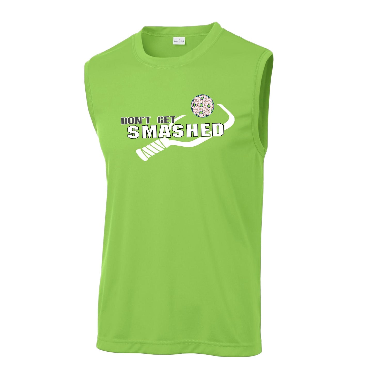 Don't Get Smashed With Pickleballs (Cyan Green Orange Pink Stars) Customizable | Men's Sleeveless Pickleball Performance T-Shirt | 100% Polyester