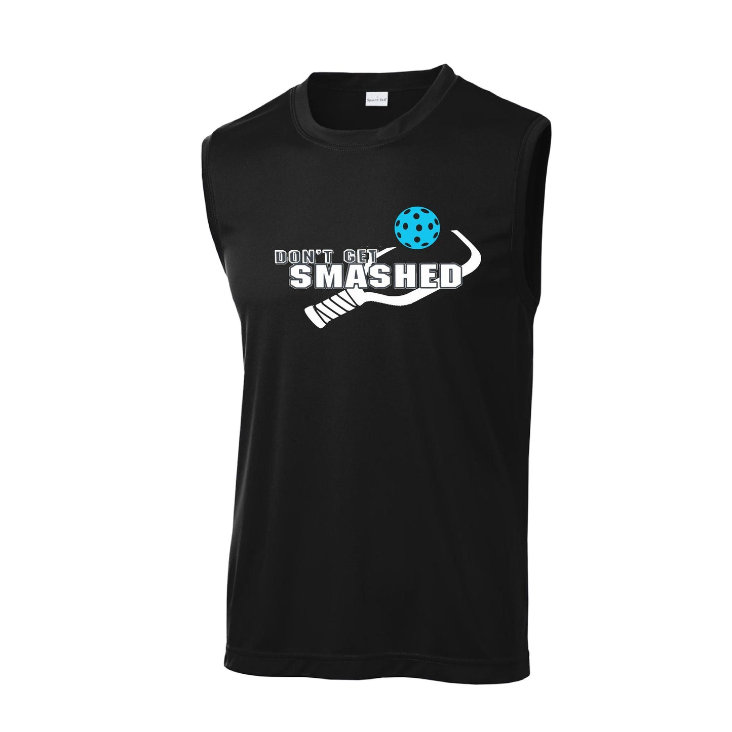 Don't Get Smashed With Pickleballs (Cyan Green Orange Pink Stars) Customizable | Men's Sleeveless Pickleball Performance T-Shirt | 100% Polyester