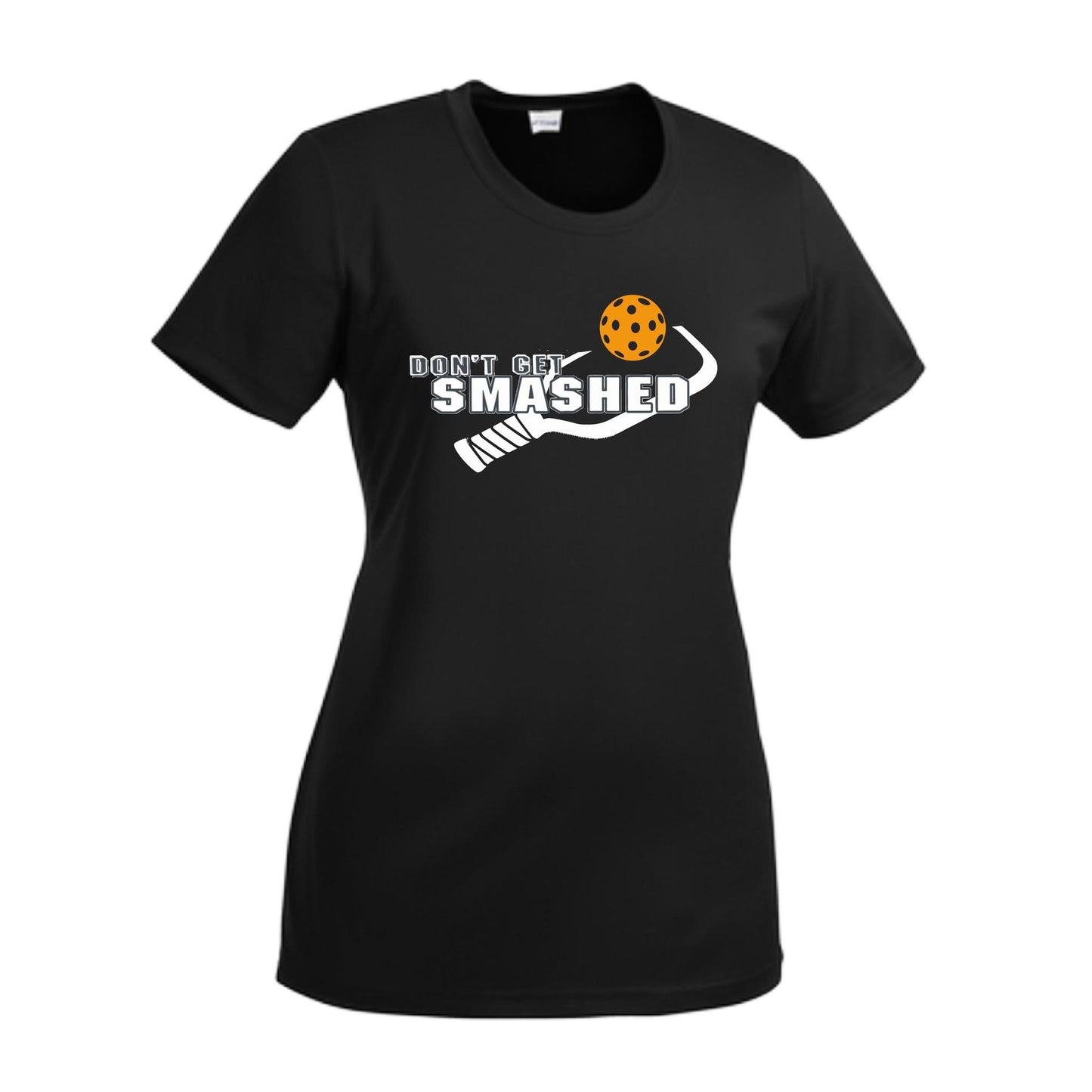 Don't Get Smashed With Pickleballs (Cyan Orange Pink) Customizable | Women’s Short Sleeve Crewneck Athletic Performance T-Shirts | 100% Polyester