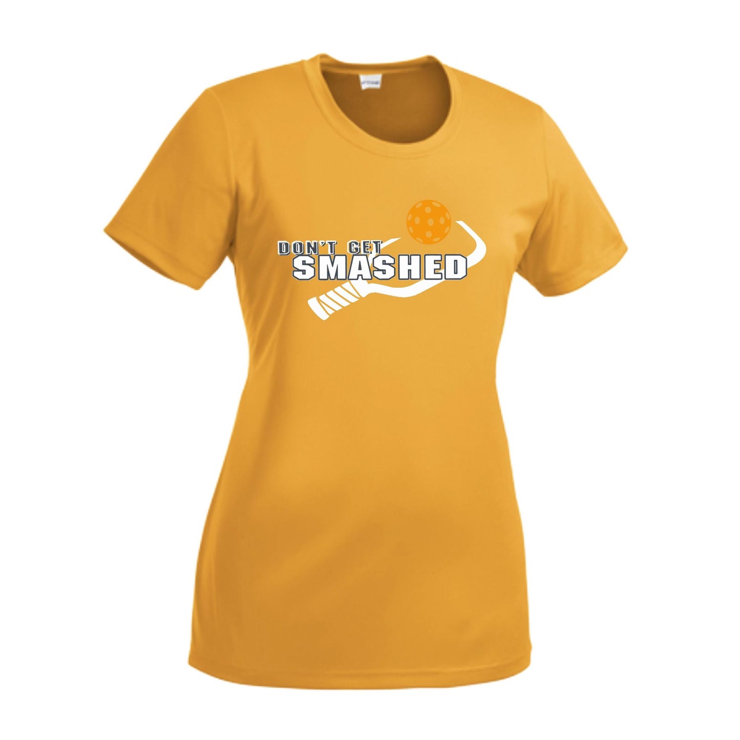 Don't Get Smashed With Pickleballs (Cyan Orange Pink) Customizable | Women’s Short Sleeve Crewneck Athletic Performance T-Shirts | 100% Polyester